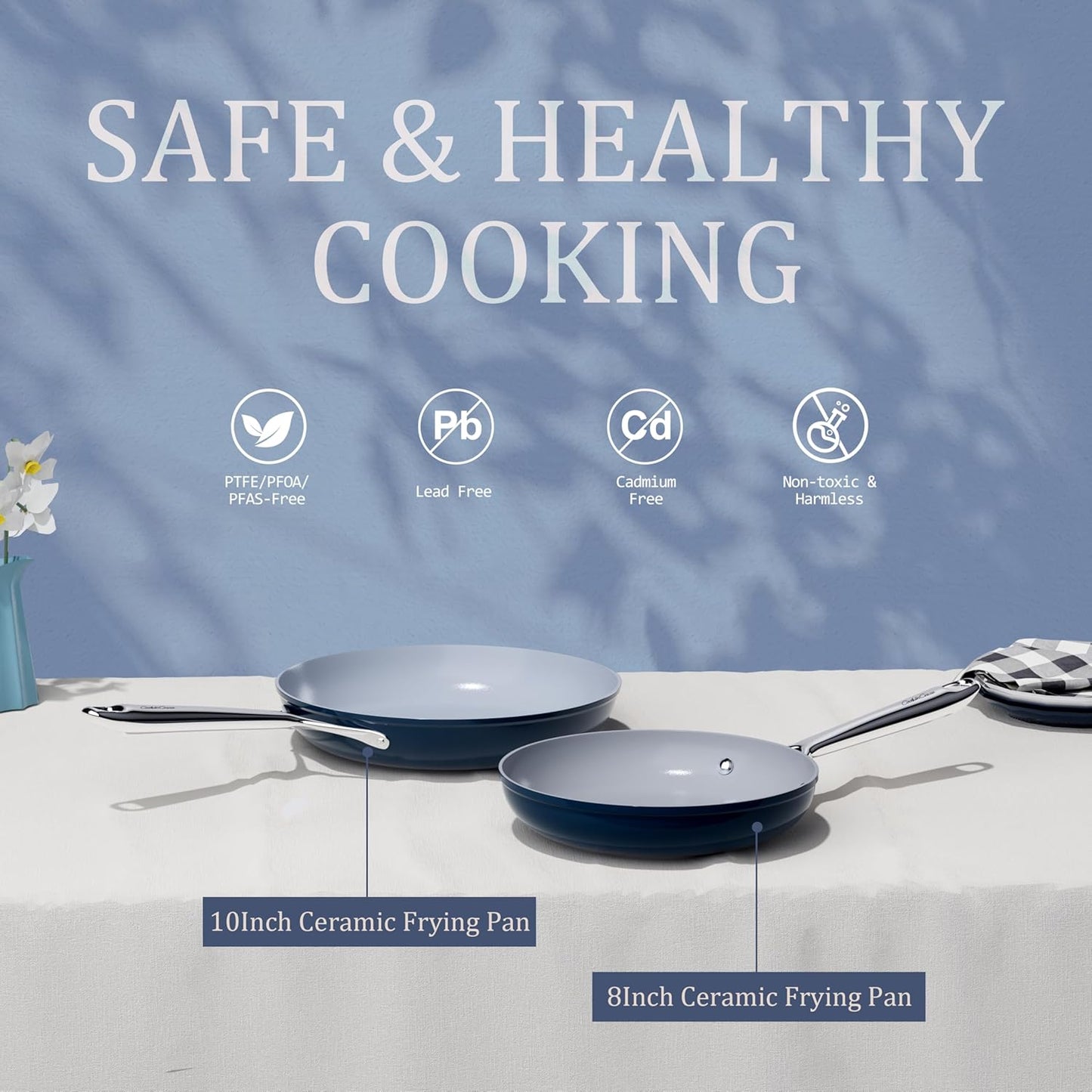 Nonstick Ceramic Frying Pan 10 Inch for Induction Cooktop - Non Toxic, PTFE/PFOA/PFAS Free, Oven & Dishwasher Safe up to 500°F - Non Stick Small Skillet with Stay-Cool Handle - Navy Blue