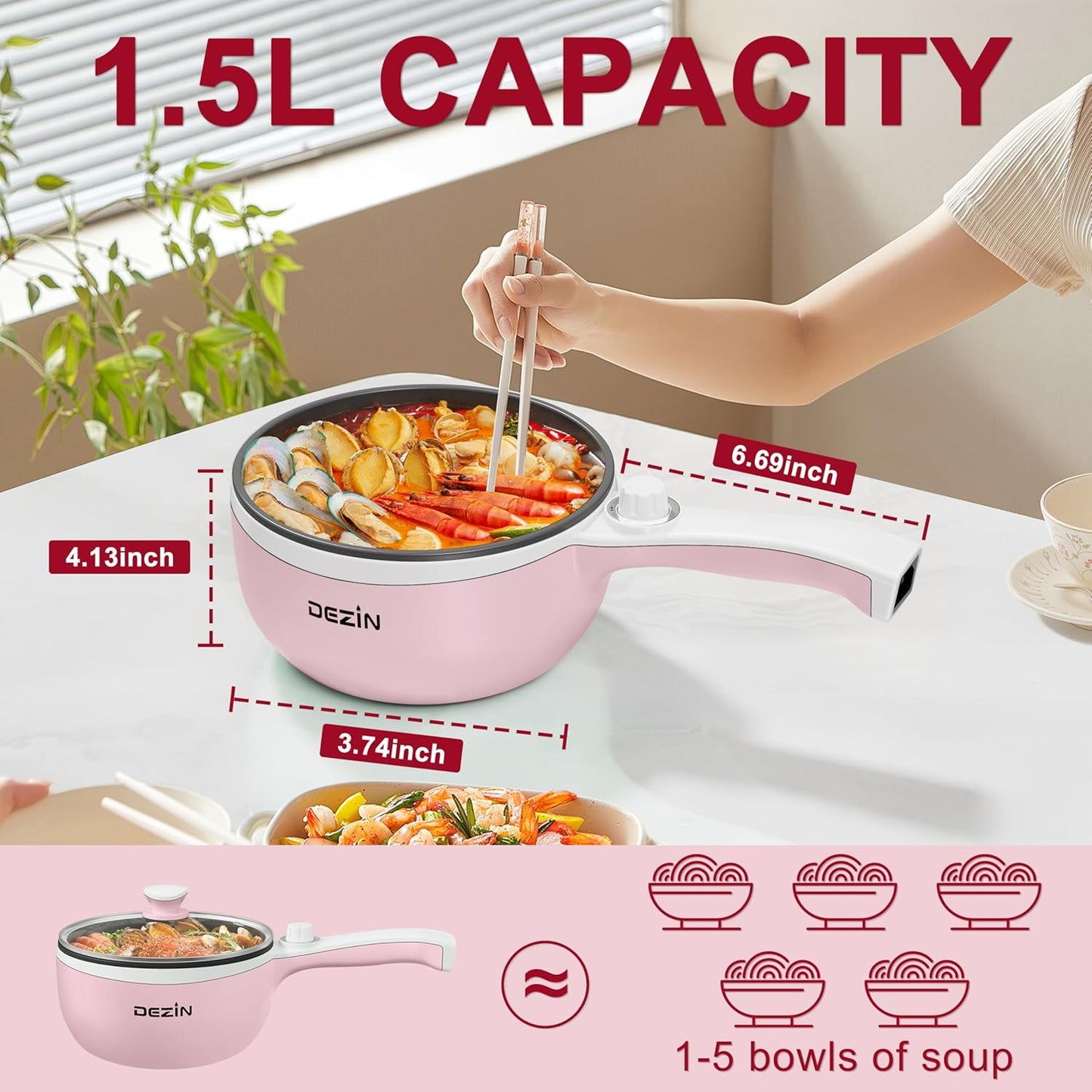 Dezin Hot Pot Electric Upgraded, Non-Stick Sauté Pan, Rapid Noodles Electric Pot, 1.5L Mini Portable Hot Pot for Steak, Egg, Fried Rice, Ramen, Oatmeal, Soup with Power Adjustment