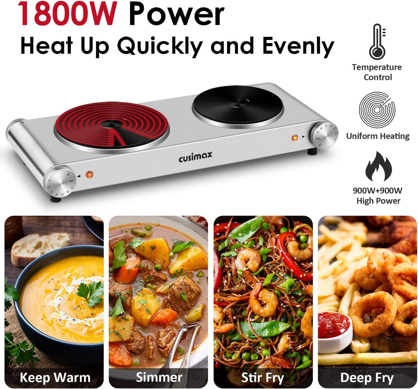 CUSIMAX Hot Plate, Electric Double Burner, 1800W Cast Iron Countertop Cooktop, Portable for Cooking, Compatible for All Cookwares, Easy Clean, Upgraded Version
