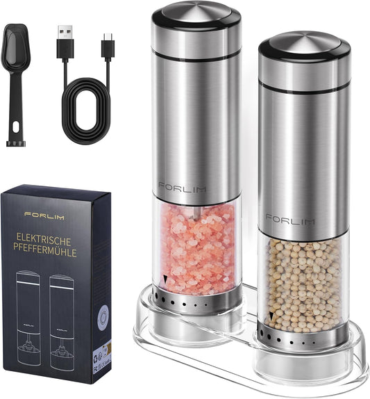 FORLIM Electric Salt and Pepper Grinder Set Rechargeable, Upgraded Washable, Automatic One-Handed Operation with LED, Adjustable Coarseness Pepper and Salt Grinder Refillable, Stainless Steel(Silver）
