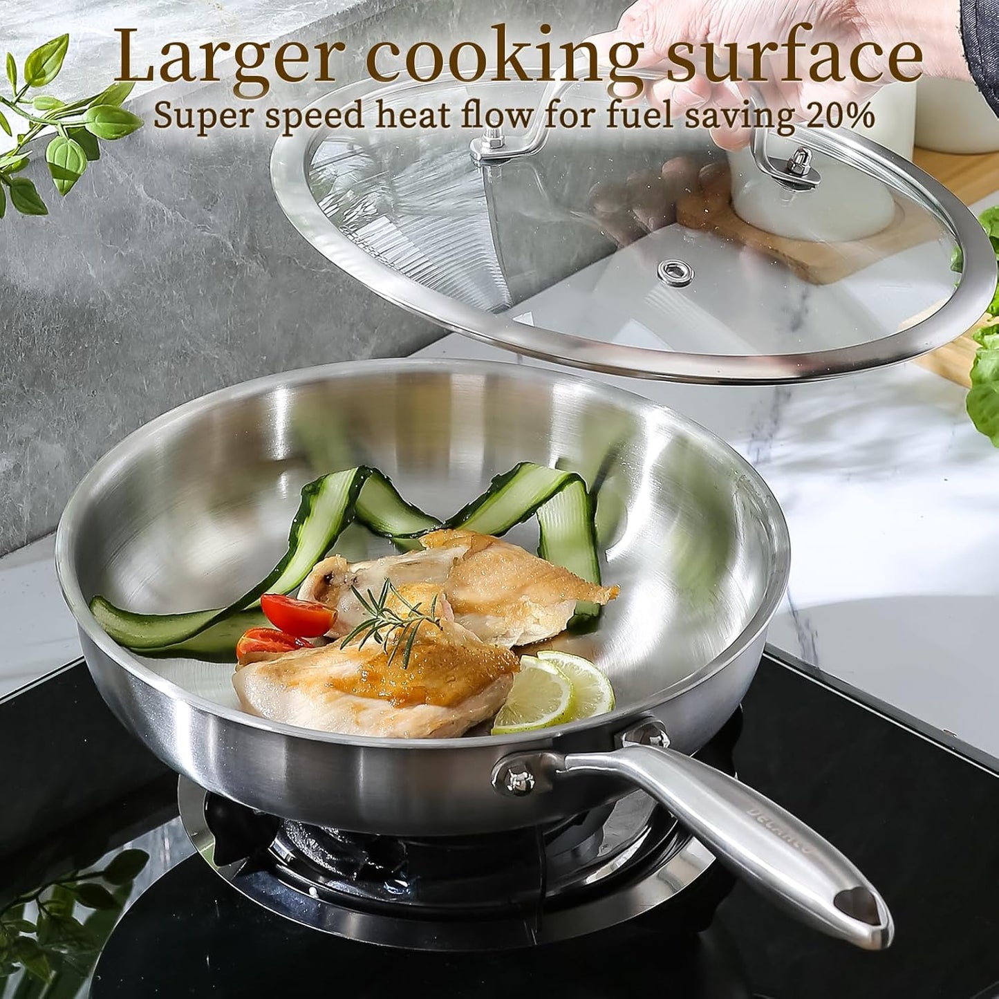 DELARLO Tri-Ply Stainless Steel Frying Pan丨9 inch Skillet with Lid丨All Cooktops Compatible Up to 600℉丨Enegry Saving丨Kitchen Egg Skillet 9" 丨Durable丨Everything Pan丨Omelet Pans for Kitchen Cooking