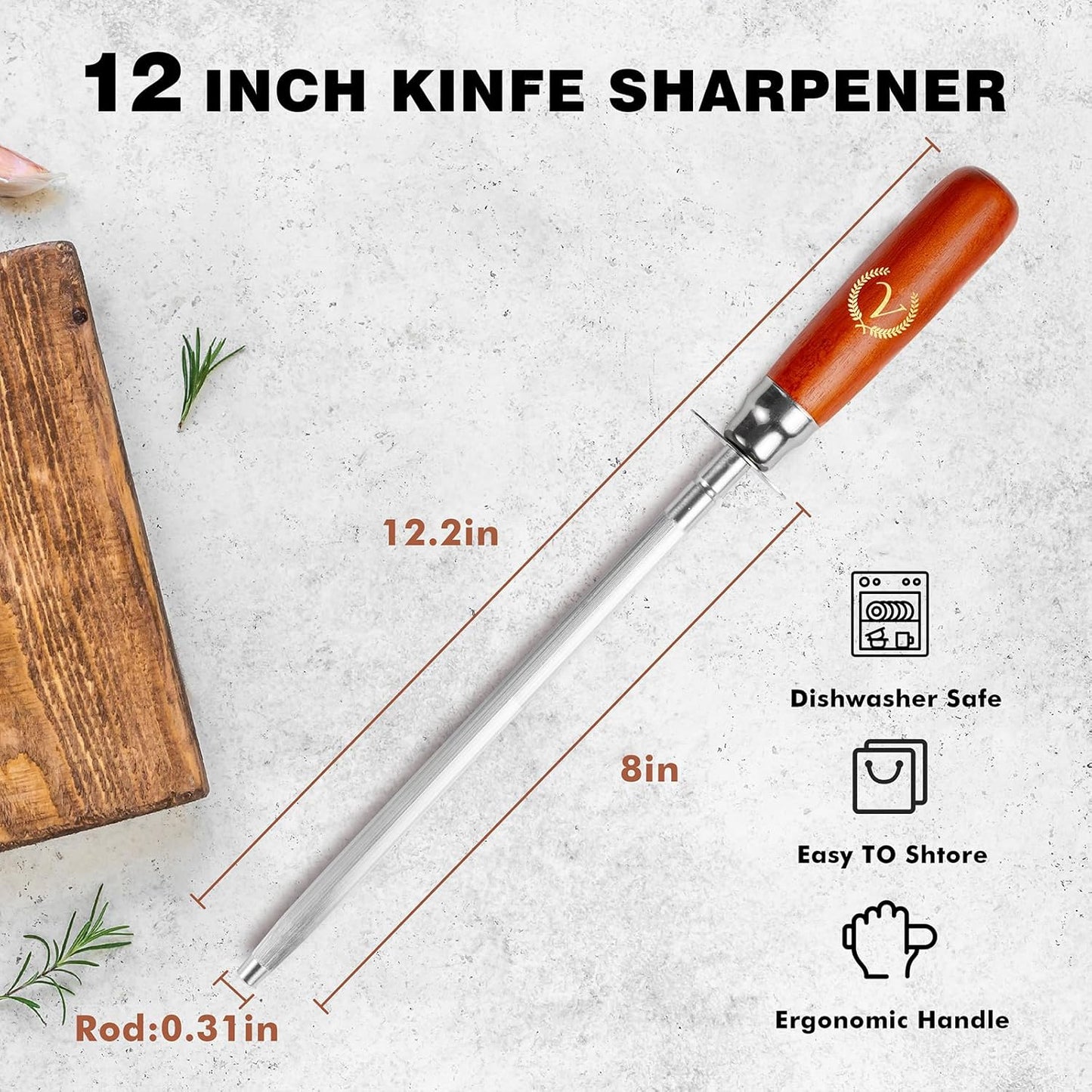 Knife Sharpener Rod, Kitchen Knives Sharpener Carbon Steel Professional Knife Sharpening Steel, Honing Rod with Hanging Holes (13 inches), V