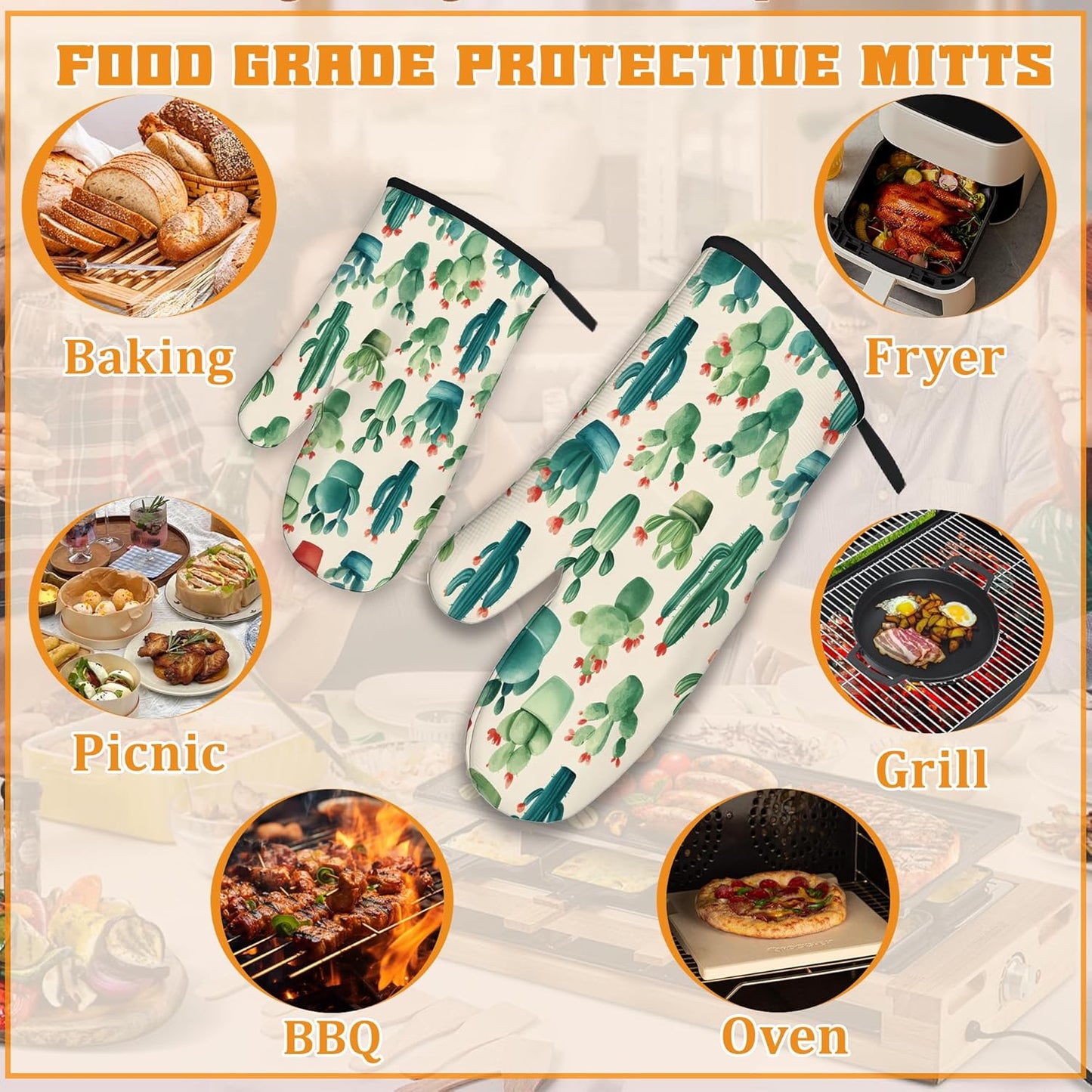 Cactus Succulent Flower Oven Mitts and Pot Holders Set,Kitchen Decor Heat Resistant Non Slip Hot Pads and Oven Mitt for Chef Cooking Baking BBQ Mom Girl Gifts(4 Piece Set)