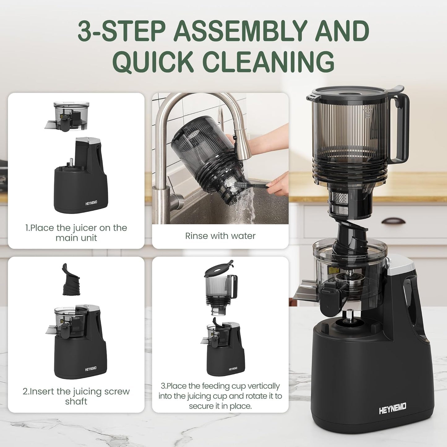 Heynemo Juicer Machines, 5.9" Wide Feed Chute Cold Press Juicer for Whole Vegetable & Fruit, 250W Slow Masticating Juicer Machines with with Dual-Layer Strainer, Easy to Clean,High Juice Yield, Black