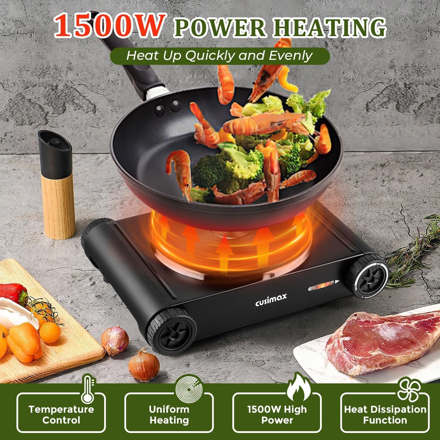 Cusimax Hot Plate,1500W Hot Plate Electric with 7.4″Cast Iron Countertop Single Burner,Electric Stove Top Burner for Cooking,Temperature Controls,Black