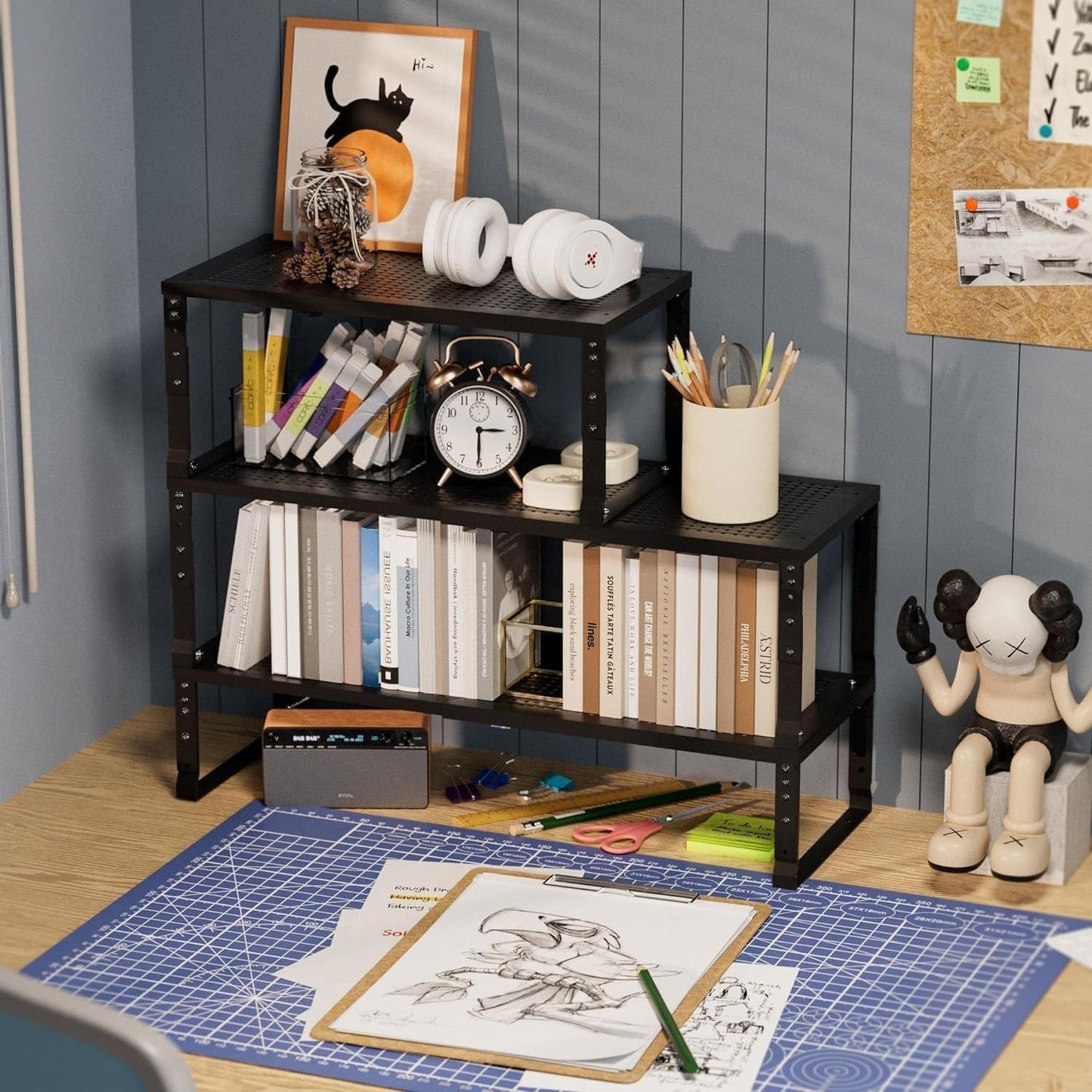 Expandable Spice Rack Kitchen Cabinet Shelf Organizer, Stackable Storage Shelves Racks, Adjustable Counter Shelving for Cabinets, Countertop, Cupboard,Pantry and More.(1Pack/Black/Medium)