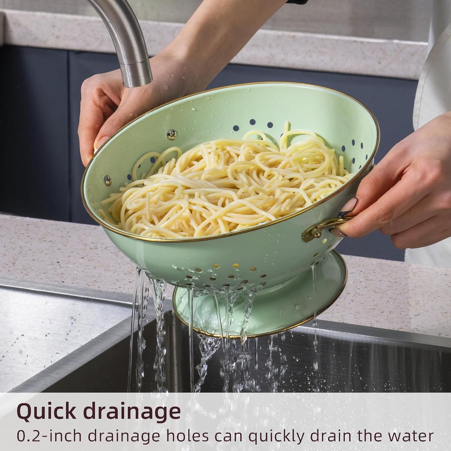 Metal Colander Set of 3, Strainer Basket with Handles perfect for Spaghetti, Pasta, Berry, Vegetable, Fruit, Solid Base Powder Coated Kitchen Essential Strainer Set, 1 & 3.5 & 5 Qt (Green)