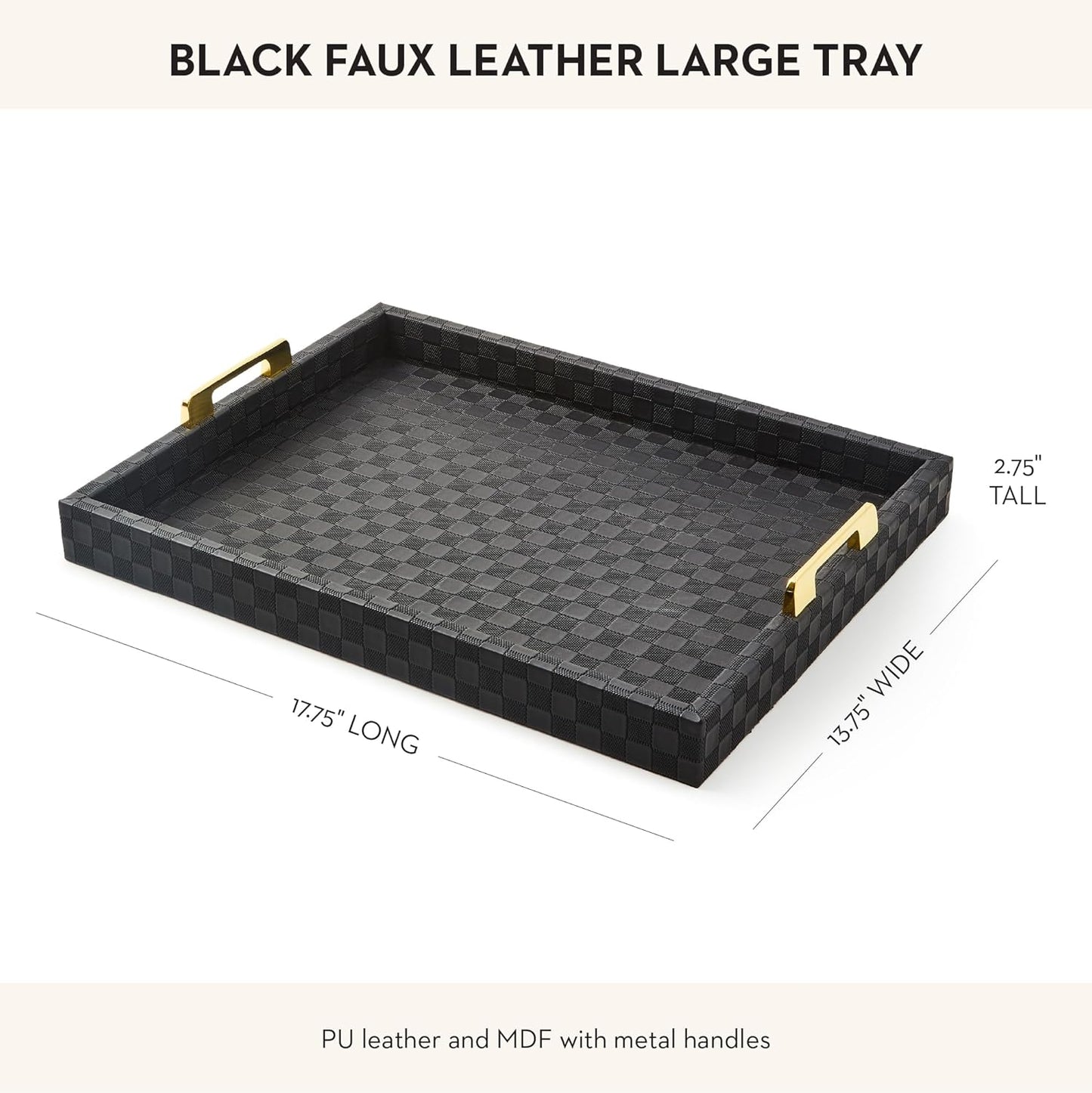 MACKENZIE-CHILDS Black Faux-Leather Tray with Handles, Rectangular Tray for Serving, Large