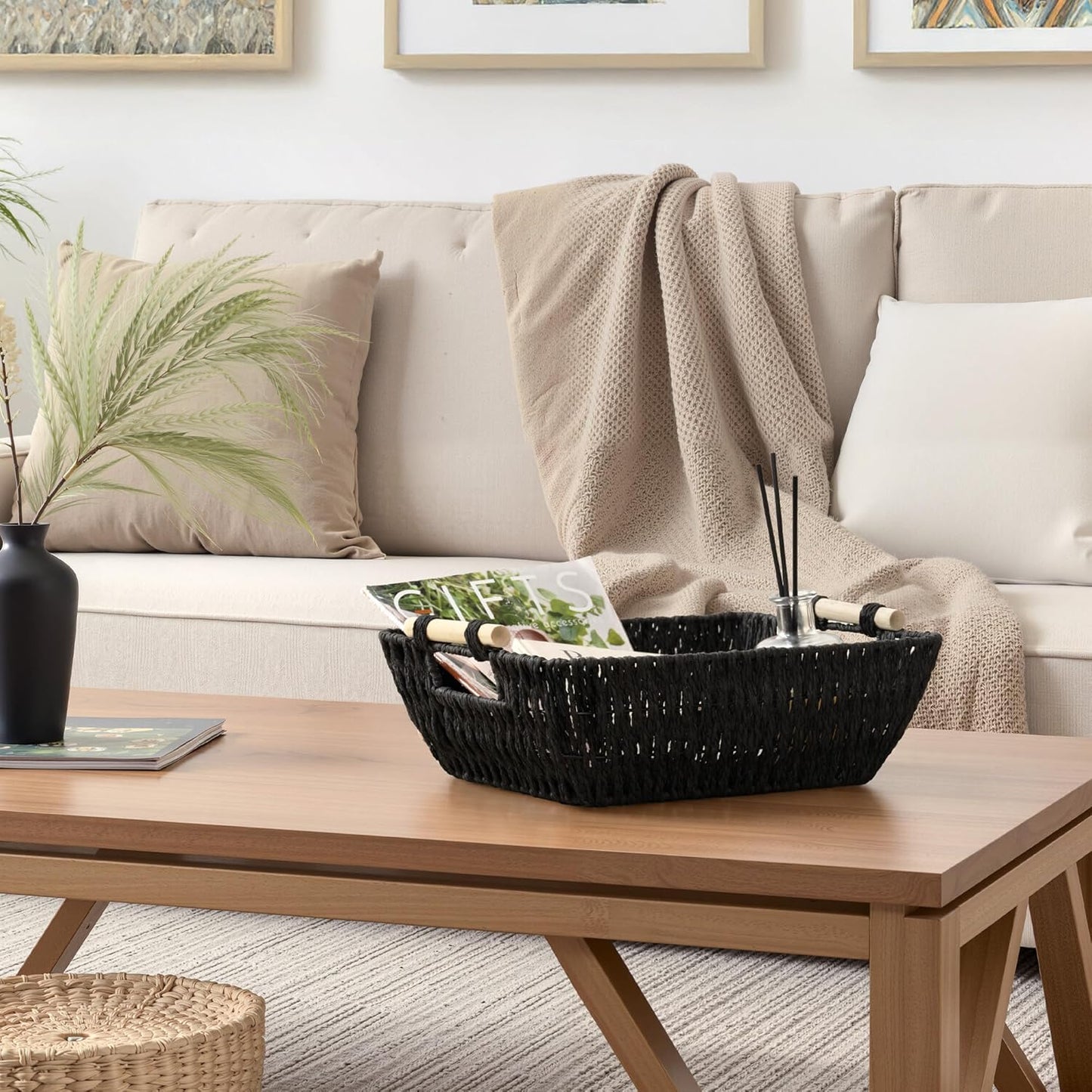 StorageWorks Large Wicker Storage Basket for Organizing with Wooden Handles, Toilet Paper Baskets for Bathroom, Black, 2-Pack