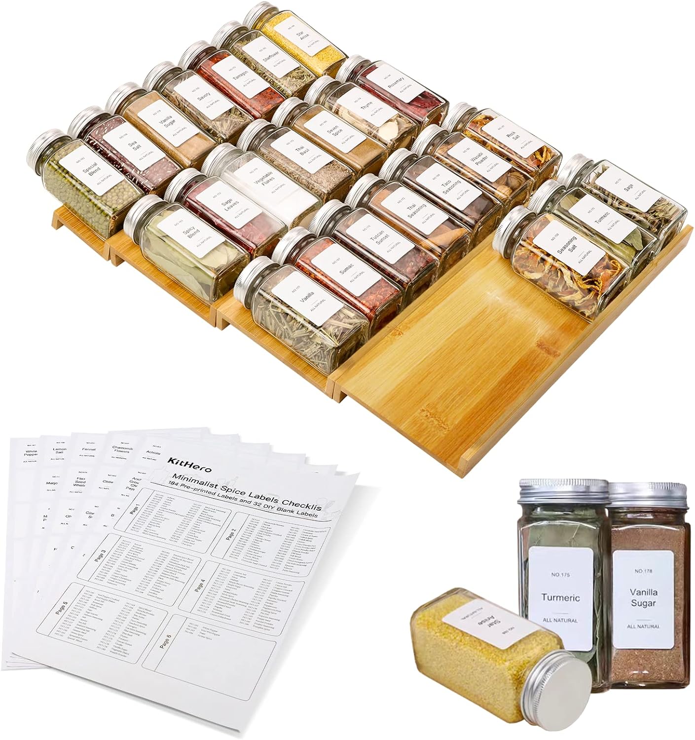 Spice Drawer Organizer with 24 Spice Jars and 216 Labels,Non-slip Rubber, Bamboo 4 Tier Spice Racks Tray Seasoning Containers for Kitchen Drawers,Cabinets,Countertops,13" Wide * 15.8" Deep
