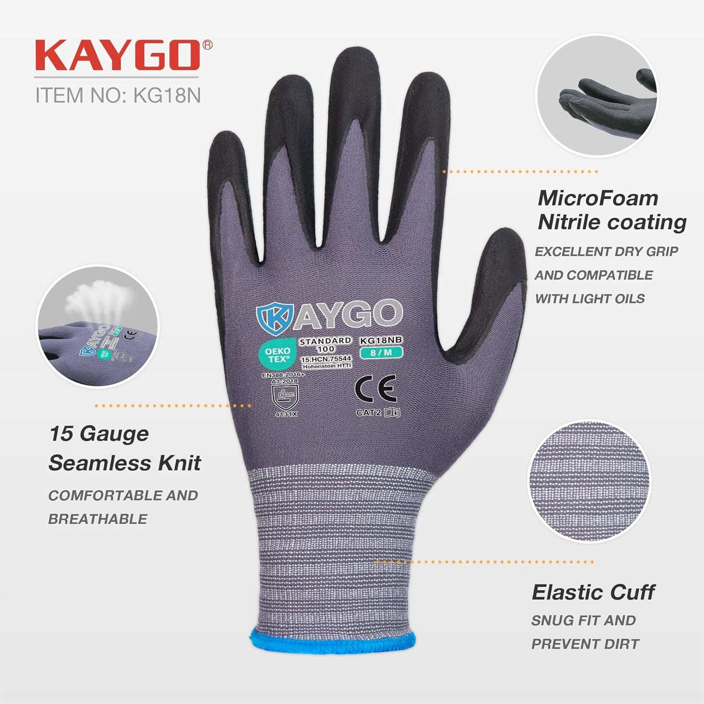 KAYGO Safety Work Gloves MicroFoam Nitrile Coated, 12 Pairs KG18NB,Seamless Knit Nylon Glove for Men and Women, Ideal for Automotive,Warehouse,Construction (Small,Gray)