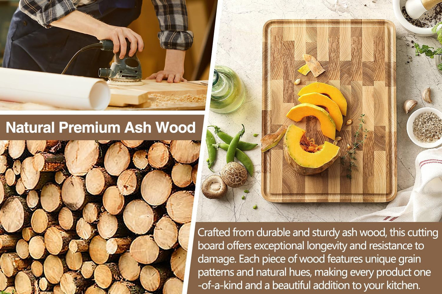 XINZUO Ash Wood Cutting Board for Kitchen, (13.8''L x 9.8''W x 1''T)-End Grain Wood Cutting Board for Meat-Chopping Boards with Slip Feet, Side Handles,Juice Groove