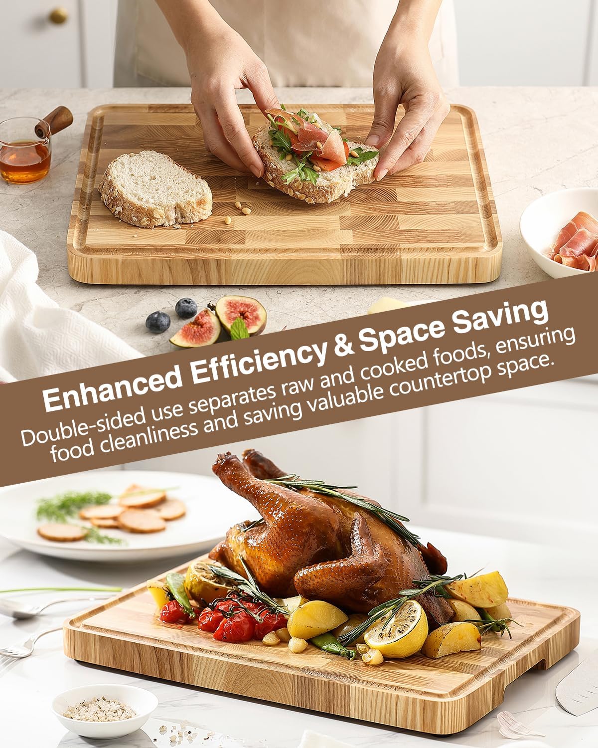 XINZUO Ash Wood Cutting Board for Kitchen, (13.8''L x 9.8''W x 1''T)-End Grain Wood Cutting Board for Meat-Chopping Boards with Slip Feet, Side Handles,Juice Groove