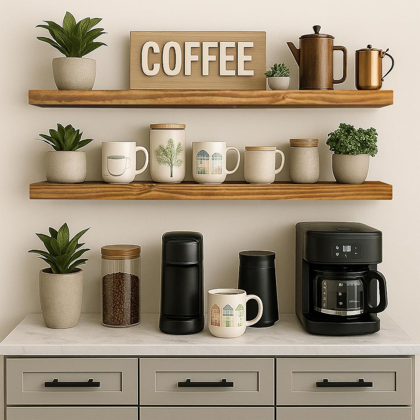 Rustic Floating Shelves 48 inch Long 8 inch deep Set of 2, Solid Wood Wall Shelves for Bedroom Living Room Kitchen,Book Shelf for Wall, Wall Mounted Shelves with Hidden Bracket- Gold Oak