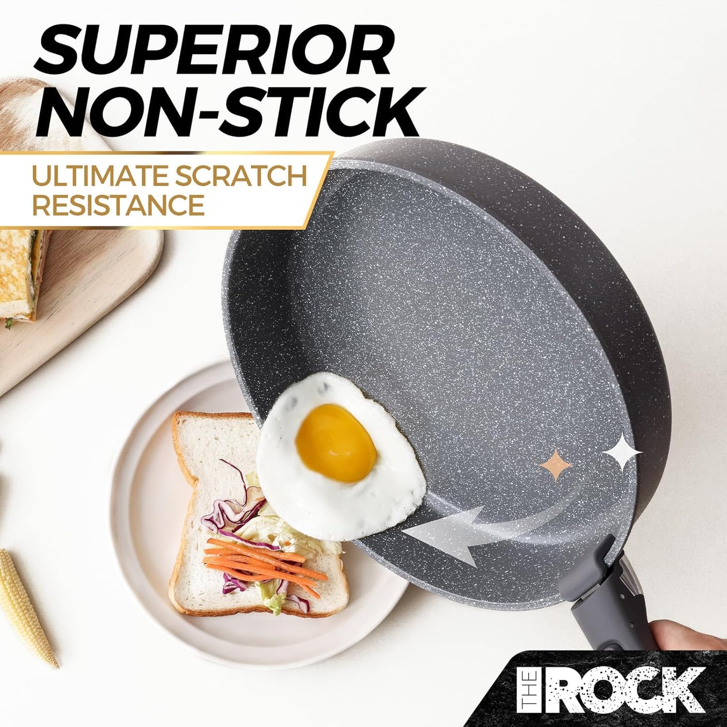 THE ROCK SMART SPACE Ceramic 16pc Nonstick Pots and Pans Set with ROCK.TEC, Cookware Set with Detachable Handles, Scratch/Stain/Crack Proof, Oven & Dishwasher Safe, PFAS & PFOA Free, Grey