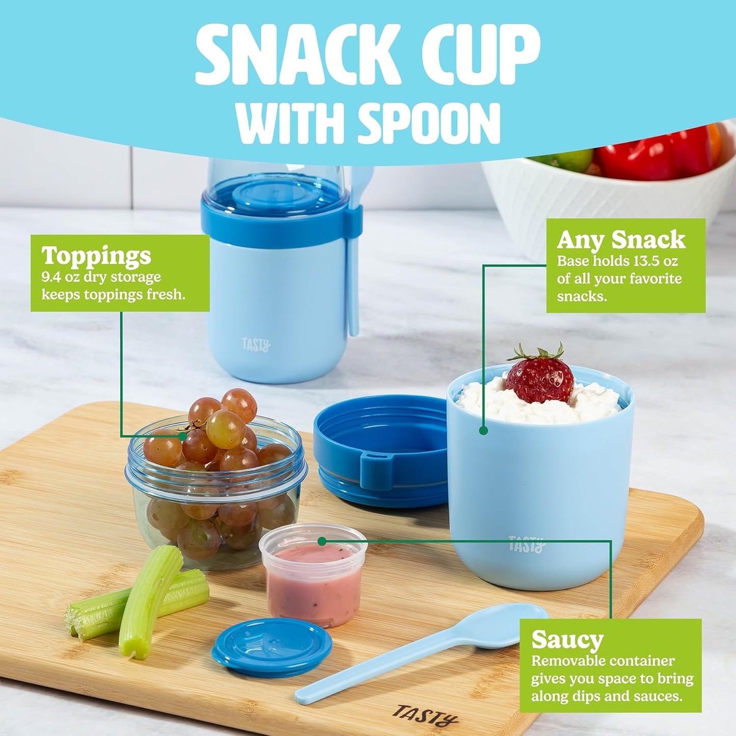 Tasty Travel Snack Cups with Spoons, On-The-Go Snacking, Divided Compartments, Great for Nuts, Cereal, Granola, Yogurt and More, Made Without BPA, 2-Pack, Blue