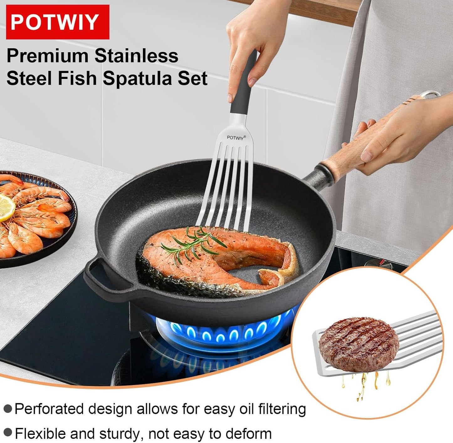 Stainless Steel Fish Spatula, Metal Fish Turner with Silicone Handle, Kitchen Slotted Spatula for Cast Iron Skillet Cooking and Grilling, Beveled Edge and Curved Blade, 13.5 Inch