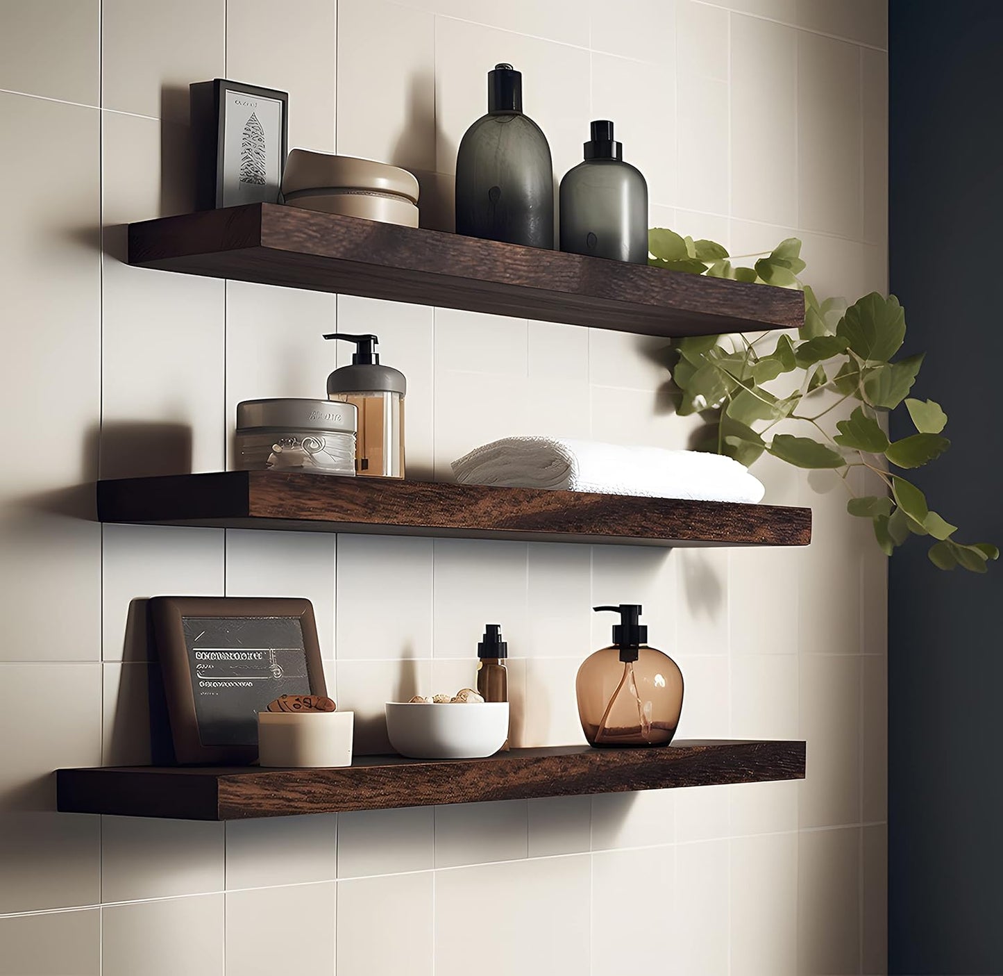 Wood Floating Shelves for Wall, Wooden Wall Shelves for Bedroom, Wall Mounted Shelves for Living Room, Set of 4 Brown 24 Inch