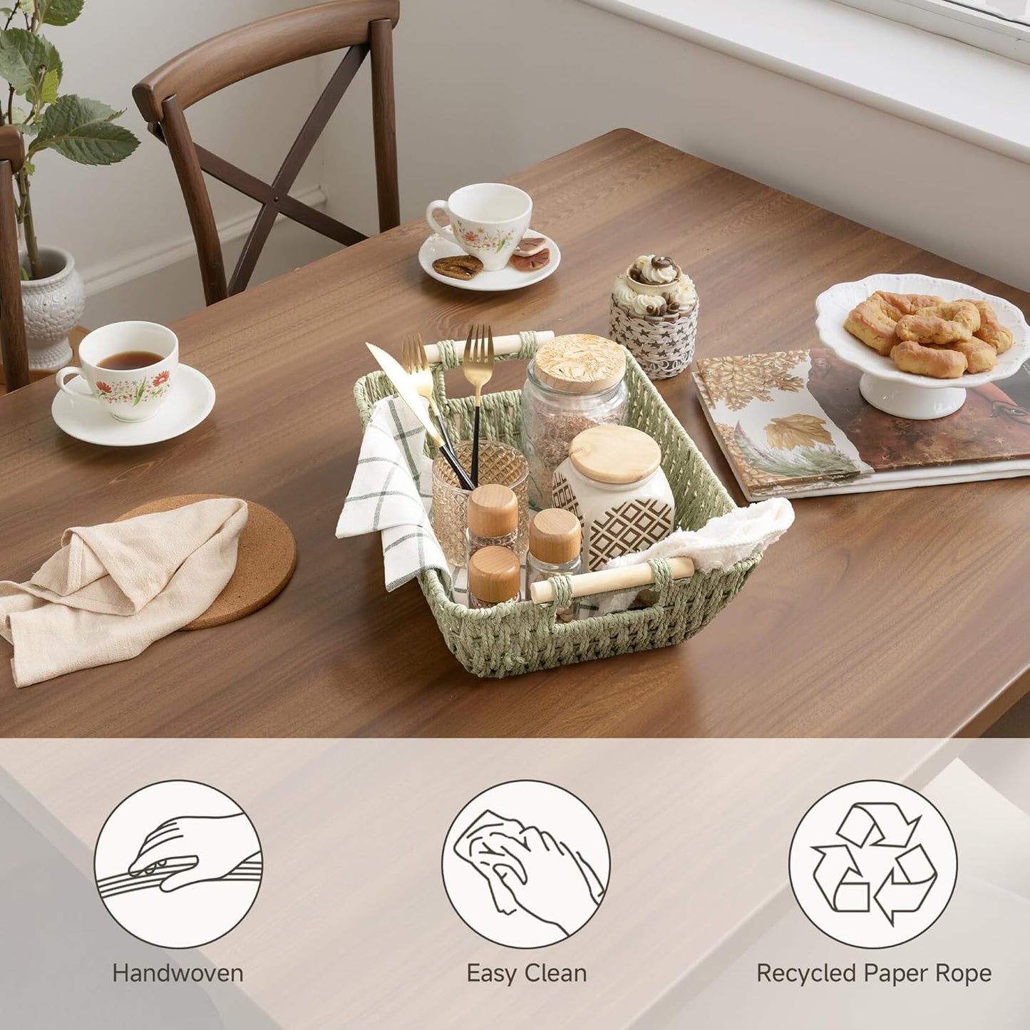 StorageWorks Large Wicker Storage Basket for Organizing with Wooden Handles, Toilet Paper Baskets for Bathroom, Bosana Green, 2-Pack