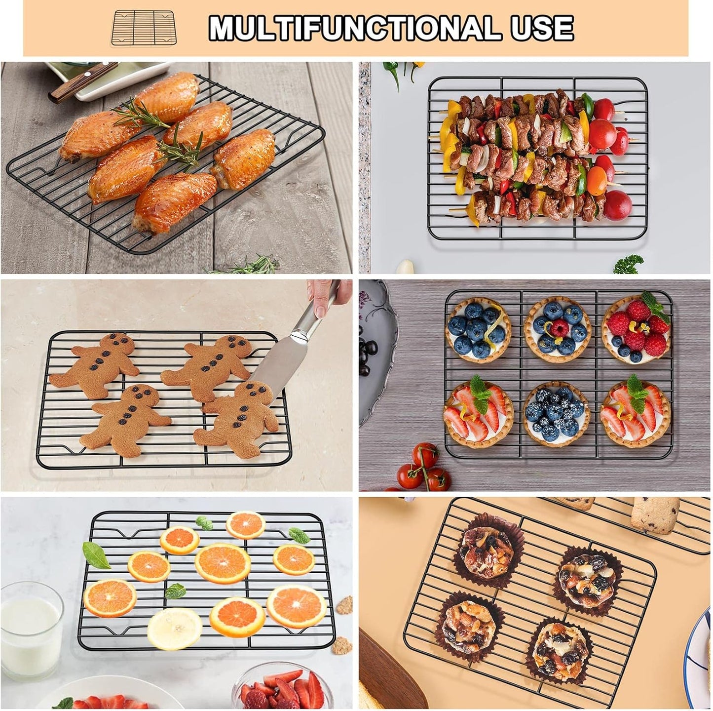 P&P CHEF Cooling Baking Rack Pack of 2, Stainless Steel Cooling Racks for Cooking Baking Roasting Grilling Drying, Dense Wires & Smooth Edge, Easy to clean, Black, 8.6" x 6.2"