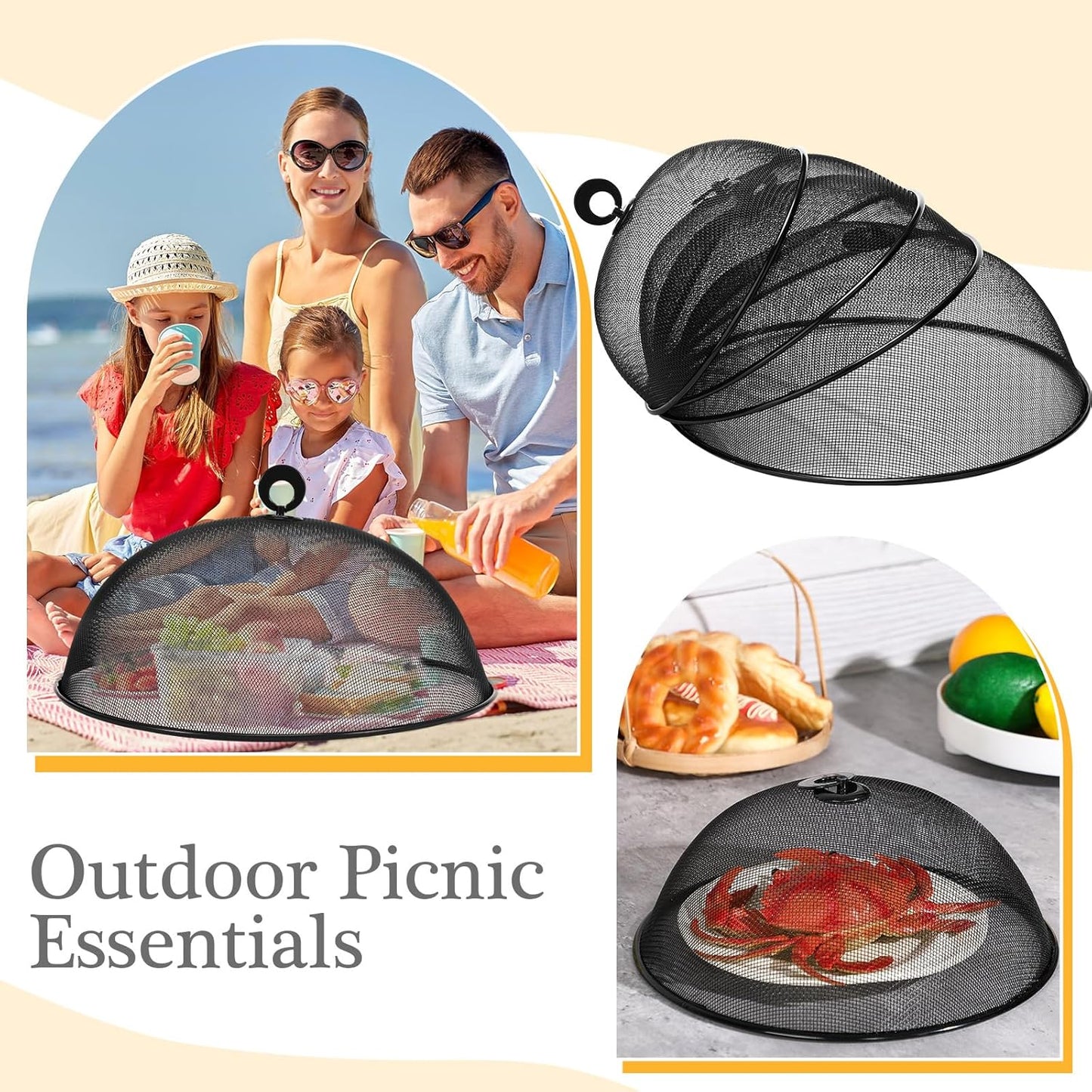 Baderke 4 Pcs Metal Mesh Food Cover 14'' 12'' 11'' 10'' Outdoor Picnic Food Net Covers for Outside Keep out Flies for Table Picnic Camping(Black)