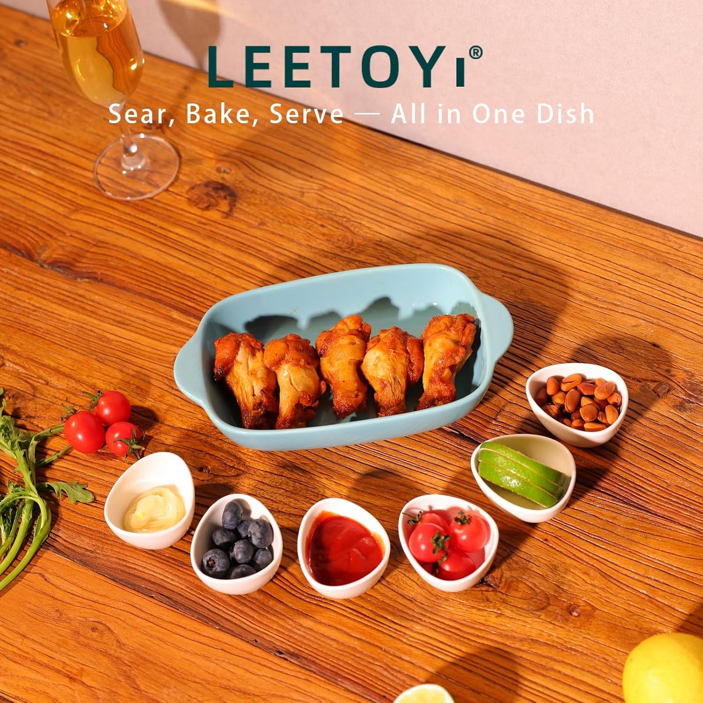 LEETOYI Ceramic Small Baking Dish 7.5-Inch Set of 4, Rectangular Bakeware with Double Handle, Baking Pans for Cooking and Cake Dinner (Turquoise)