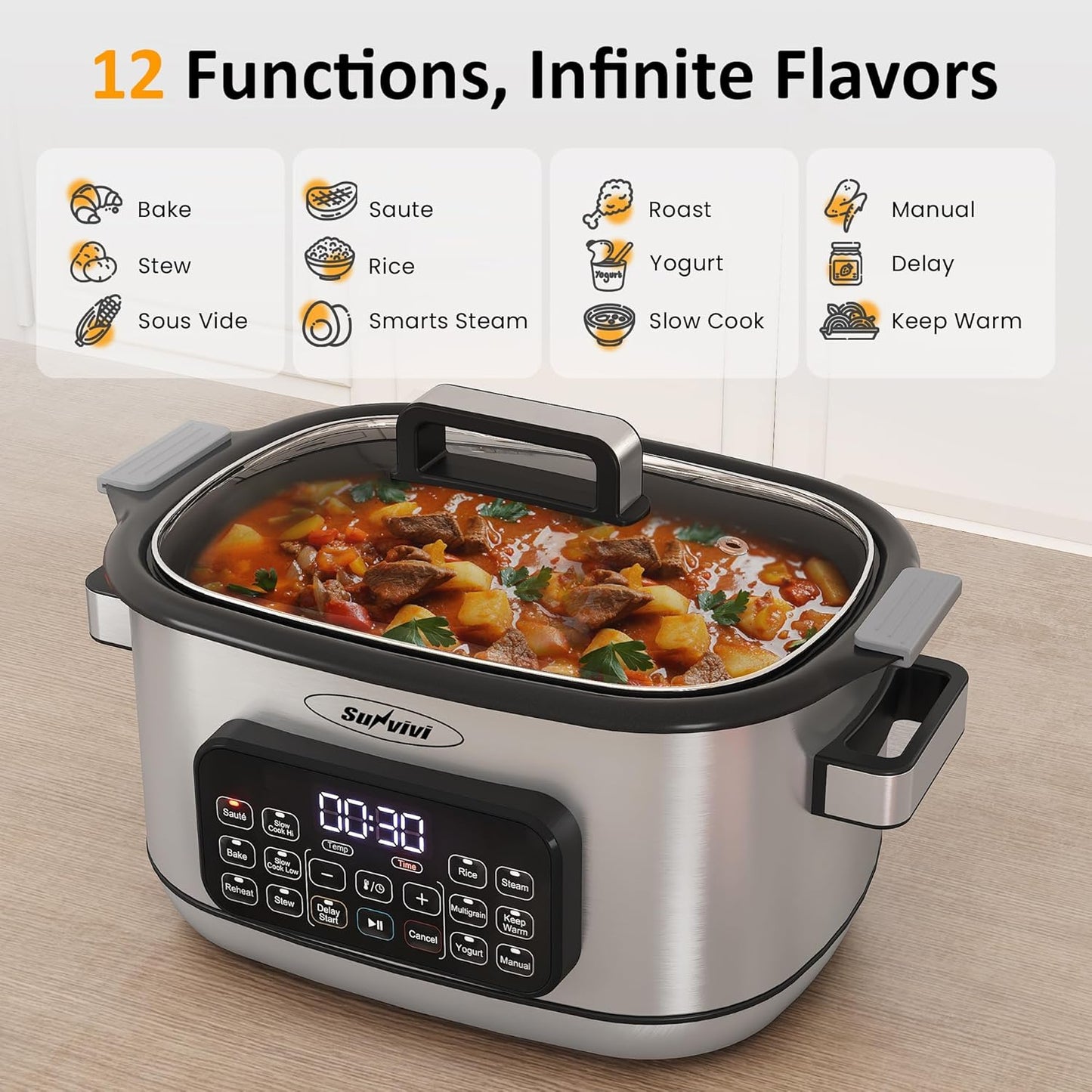 Sunvivi 12-in-1 Multi Slow Cooker Roaster Oven, 6.5QT Sliver Digital Programmable Slow Cooker with Rack, Large Removable Nonstick Crock, Glass Lid, Multicooker with Timer Temp Control, Delay Start