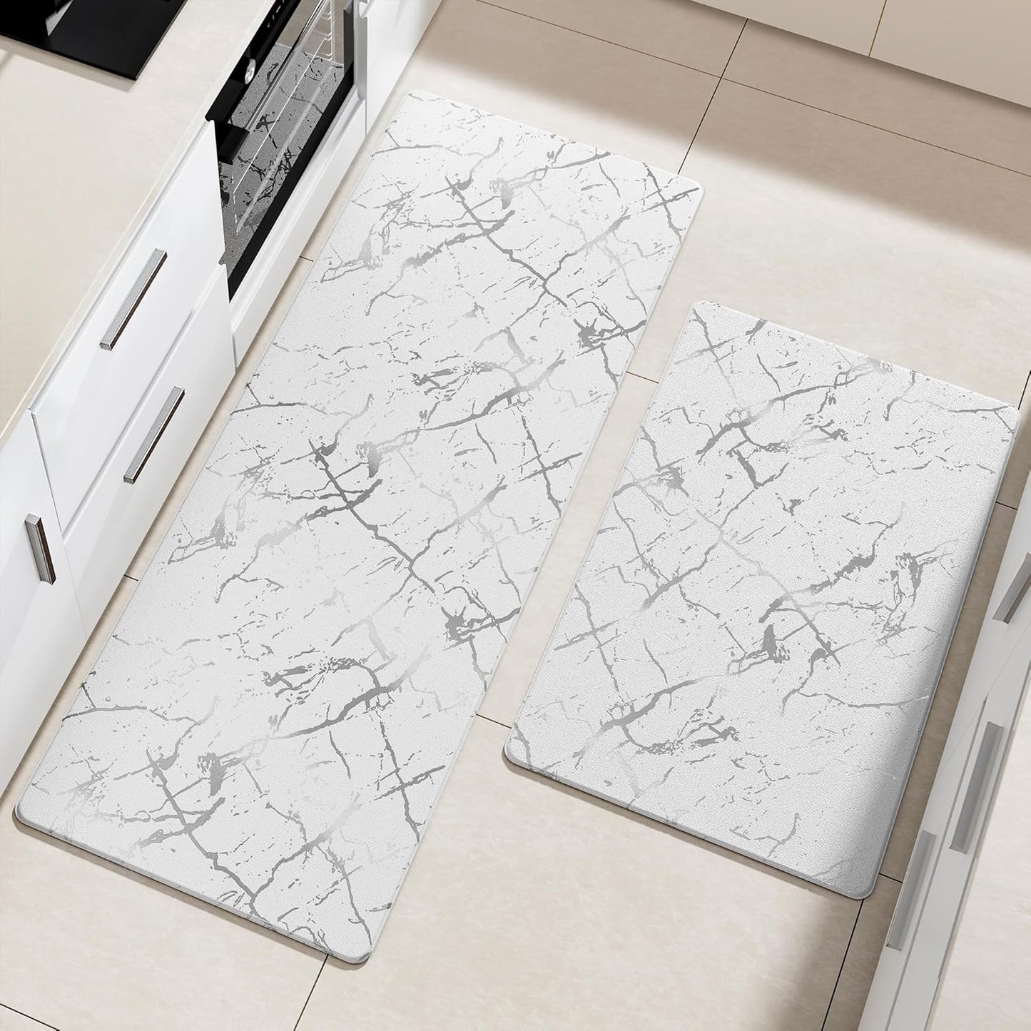 Silver Foil Stamped Marble Kitchen Mats for Floor 2PCS Cushioned Anti Fatigue Non Slip Waterproof Comfort Leather Kitchen Rugs 2/5 Inch PVC Kitchen Mats for Sink, Laundry, 17.3"x28"+17.3"x47",White