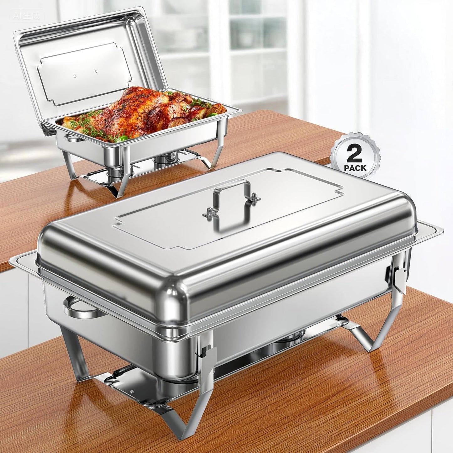 Chafing Dishes for Buffet (9QT, 2 Pack) - Easy Assembly, Food-Grade Stainless Steel Chafers for Catering w/Rolled Edge Design, Foldable Frame, for Party, Banquet (Full Size Food Pan)