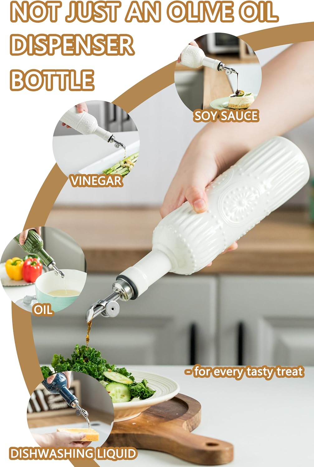 LYEOBOH Oil Dispenser for Kitchen, Olive Oil Dispenser Bottle with Non Drip Spout - 17 OZ Ceramic Vinegar Dispenser Bottle, Easy to Use for Kitchen Gadgets, Frying, BBQ, White