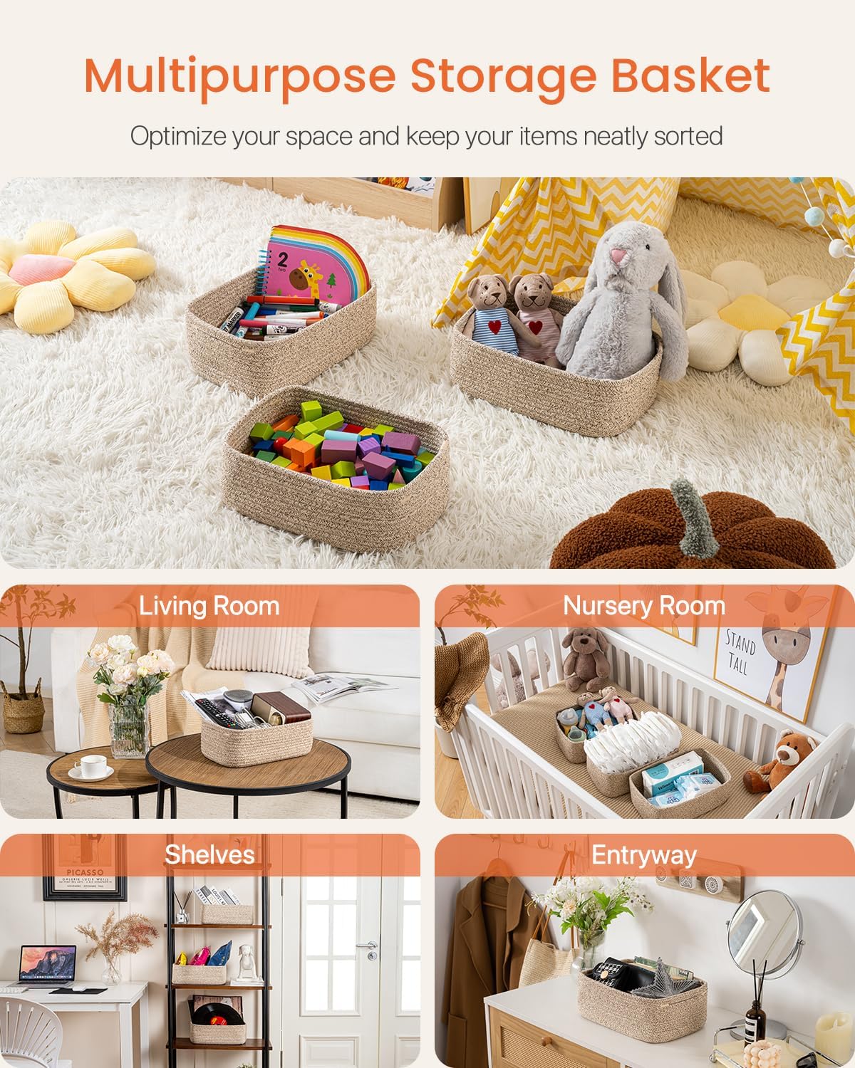 Small Woven Basket, 12 x 8 x 4.5 Inches, Storage Basket for Organizing, Cute Small Rope Shelf Closet Cube Storage Bins Baskets for Shelves, Dog Toy Gift Baskets Empty, 3 Packs, Mixed Brown