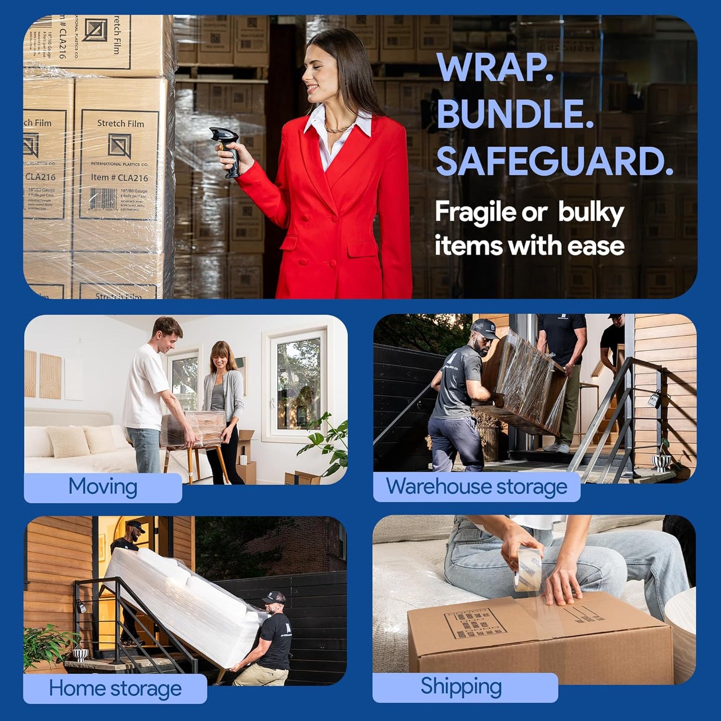 International Plastics Co. 15" Plastic Stretch Film Wrap with Extended Handles 1200ft Each 500% Stretch Clear Cling Durable Adhering Packing Moving Packaging Heavy Duty Shrink