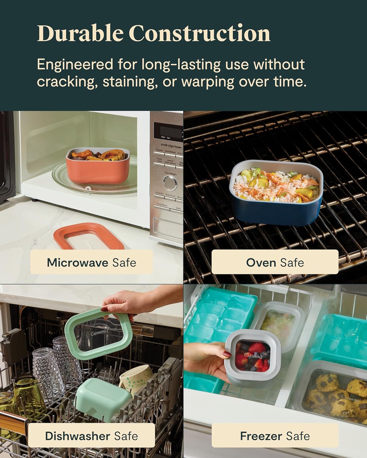 Caraway 6pc Glass Food Storage Set - 2.6 Cup Storage Containers For Food (6) - Non-Toxic Ceramic-Coated Glass - Air Release Technology - Compact & Stackable Design - Cream