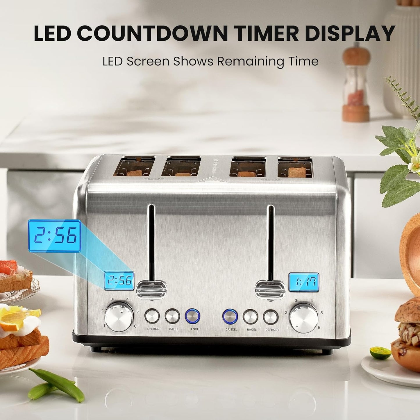 Countdown Stainless Steel 4 Slice Toaster with Bagel, Defrost, Cancel Function, Dual Toaster, Extra Wide Slots, 6 Shade Settings, Removable Crumb Trays, 1650W