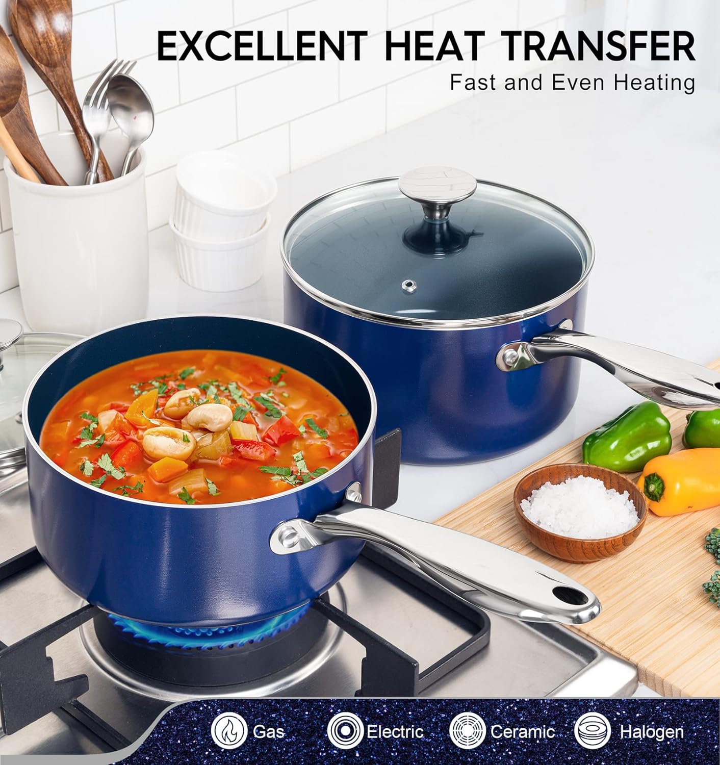 MICHELANGELO 3 Quart Saucepan with Lid, Nonstick Ceramic Sauce Pan with Stainless Steel Handle, 3 Qt Saucepan with Lid Induction Compatible, Oven Safe, Blue