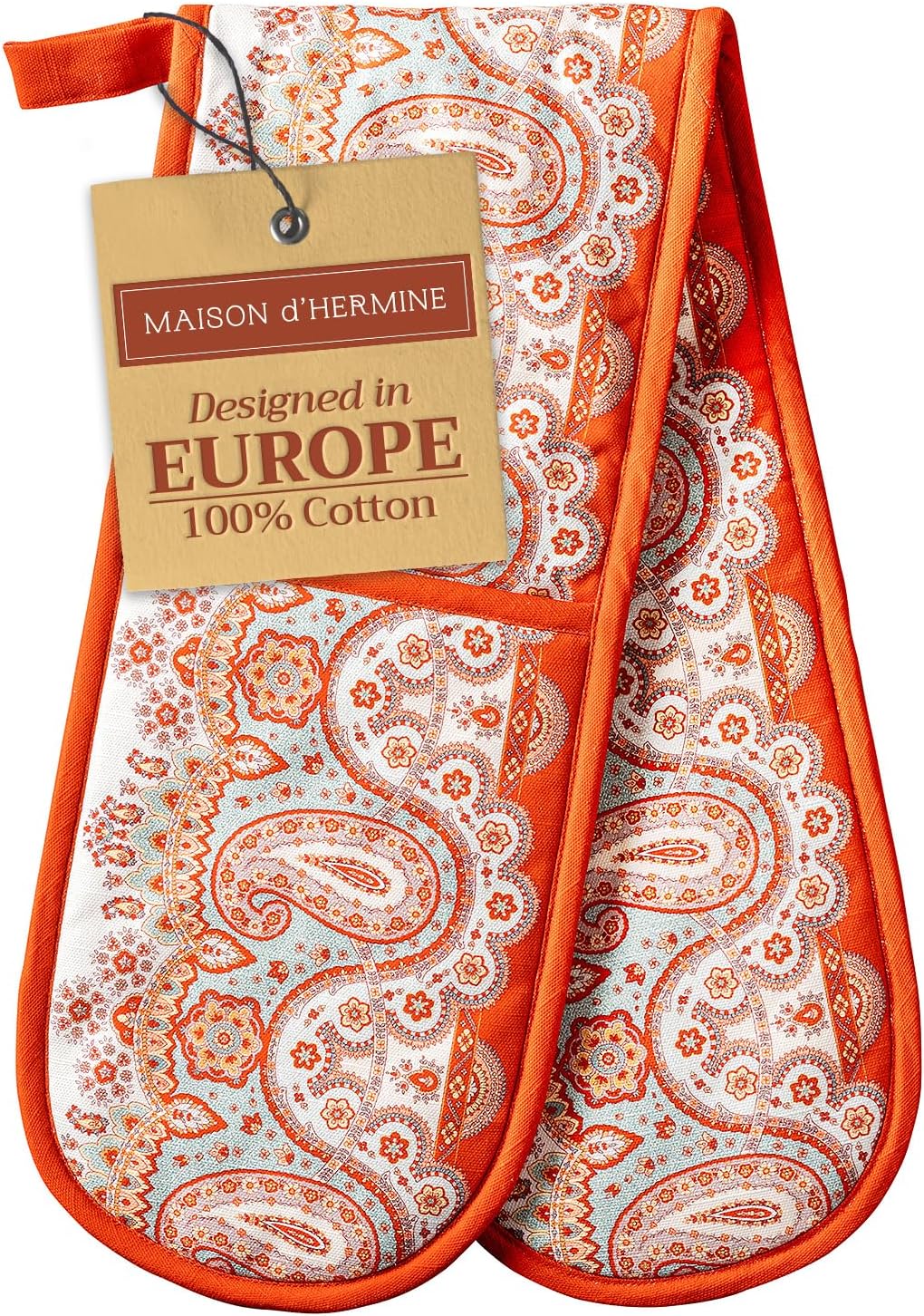 Maison d' Hermine Double Oven Mitts 100% Cotton 7"x35" Double Oven Mitt Heat Resistant BBQ Cooking Gloves with Loop, Baking, Grilling, Home, Kitchen, Handling Hot Pans (Cachemire)