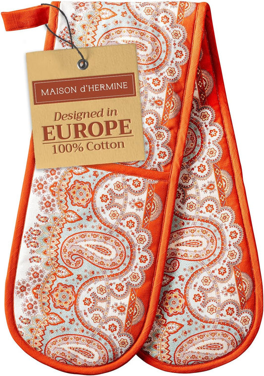 Maison d' Hermine Double Oven Mitts 100% Cotton 7"x35" Double Oven Mitt Heat Resistant BBQ Cooking Gloves with Loop, Baking, Grilling, Home, Kitchen, Handling Hot Pans (Cachemire)