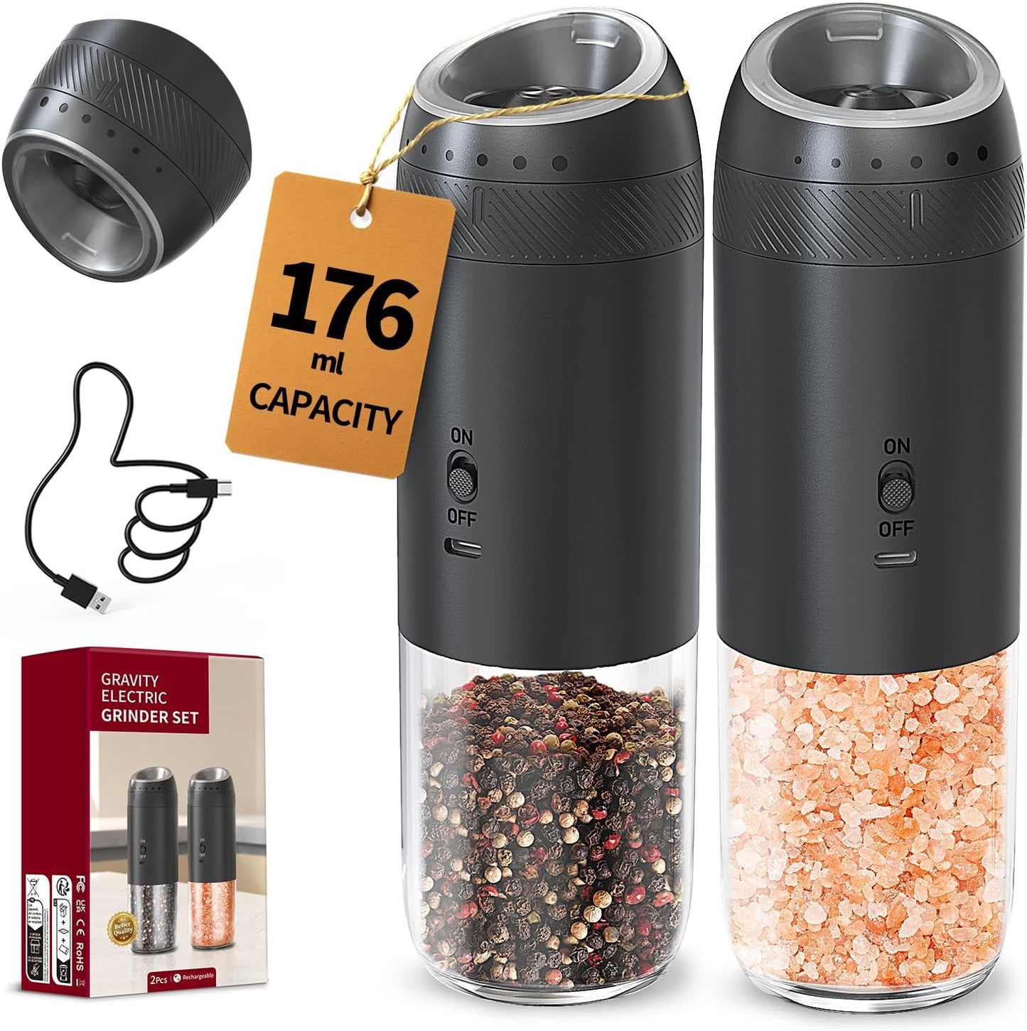 CIRCLE JOY Gravity Electric Salt and Pepper Grinder Set Rechargeable Automatic Pepper Mill Grinders with 176ml Container, External Adjustable Coarseness, Bright LED Light and One Hand Operation, Black