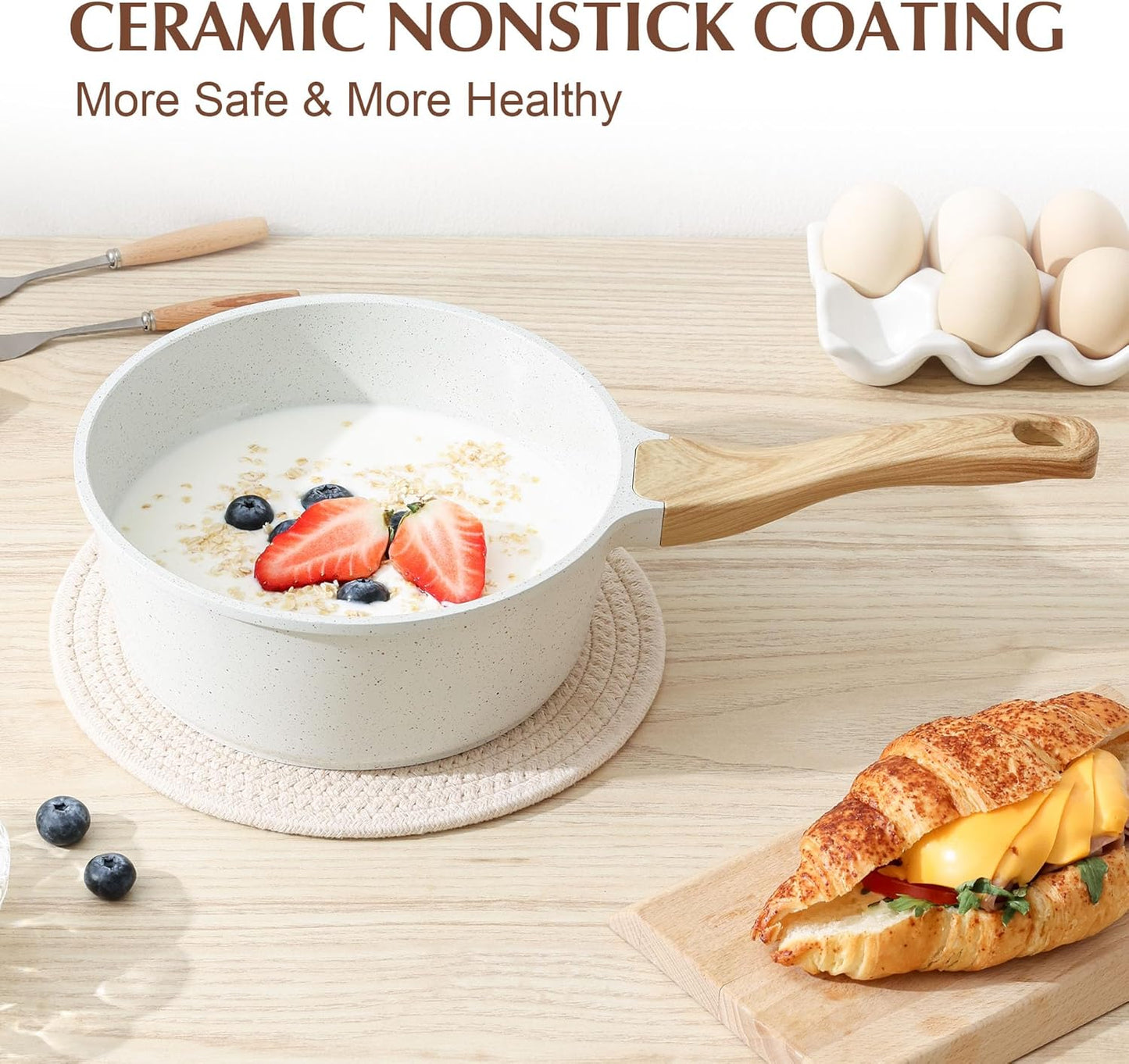 SENSARTE White Ceramic Nonstick Saucepan with Lid Set, Small Cooking Pot with Stay Cool Handle, Induction Compatible Saucepot, White Granite Coating, PFOA/PFAS Free, 2.0 + 2.5QT