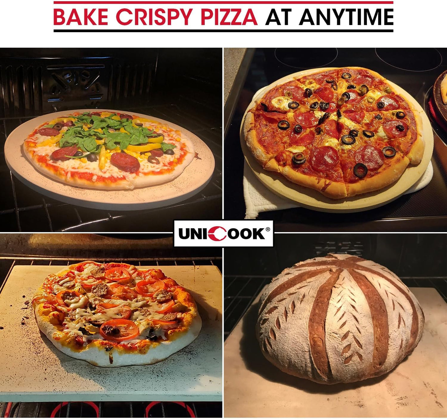 Unicook Pizza Stone 15 Inch, Premium Baking Stone for Oven Grill, Square Cordierite Bread Pizza Pan, Thermal Shock Resistant, Includes Scraper