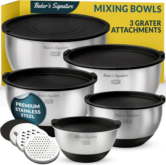 Stainless Steel Mixing Bowls with Lids Set, 5 Sizes, 3 Graters, Non-Slip Base, Airtight Lids, Metal Mixing Bowls for Kitchen, Food Prep, Storage, 0.63QT-5QT, Black