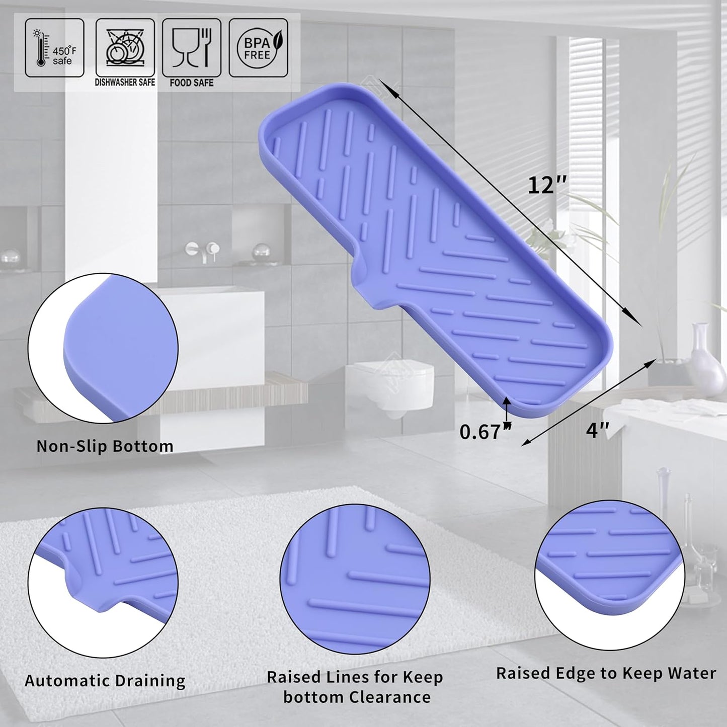 Silicone Bathroom Soap Dishes with Drain Spout-Bathroom and Kitchen Sink Organizer,Sponge Holder,Dish Soap Tray,Perfect for Dispenser,Scrubber,Bottle on Sink or Counter-Light Purple 12"×4"