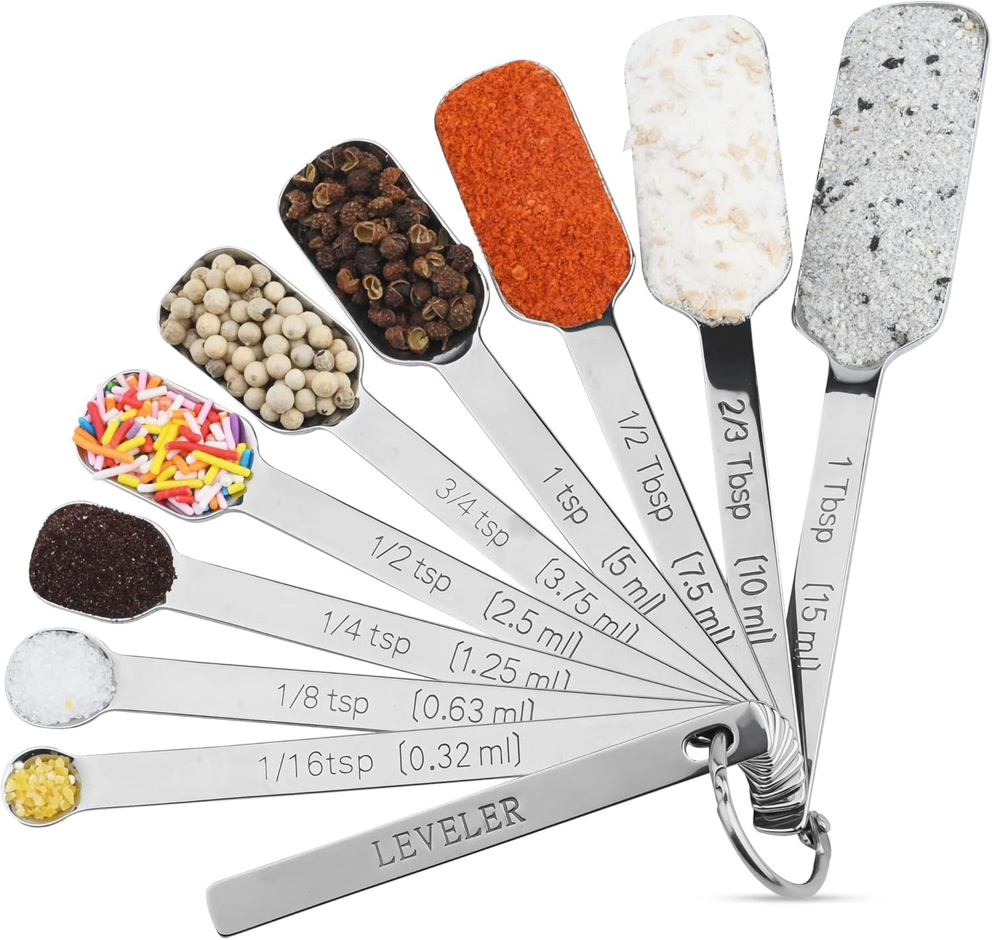 Measuring Spoons Set, 10-Piece 18/8 Stainless Steel Measuring Spoons Set with Leveler, Metric&US Metal Measuring Spoon -1/16, 1/8, 1/4, 1/3, 1/2, 3/4 Tsp, 2/3 Tbsp Long Spoons for Spice Jar