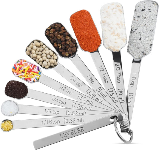 Measuring Spoons Set, 10-Piece 18/8 Stainless Steel Measuring Spoons Set with Leveler, Metric&US Metal Measuring Spoon -1/16, 1/8, 1/4, 1/3, 1/2, 3/4 Tsp, 2/3 Tbsp Long Spoons for Spice Jar