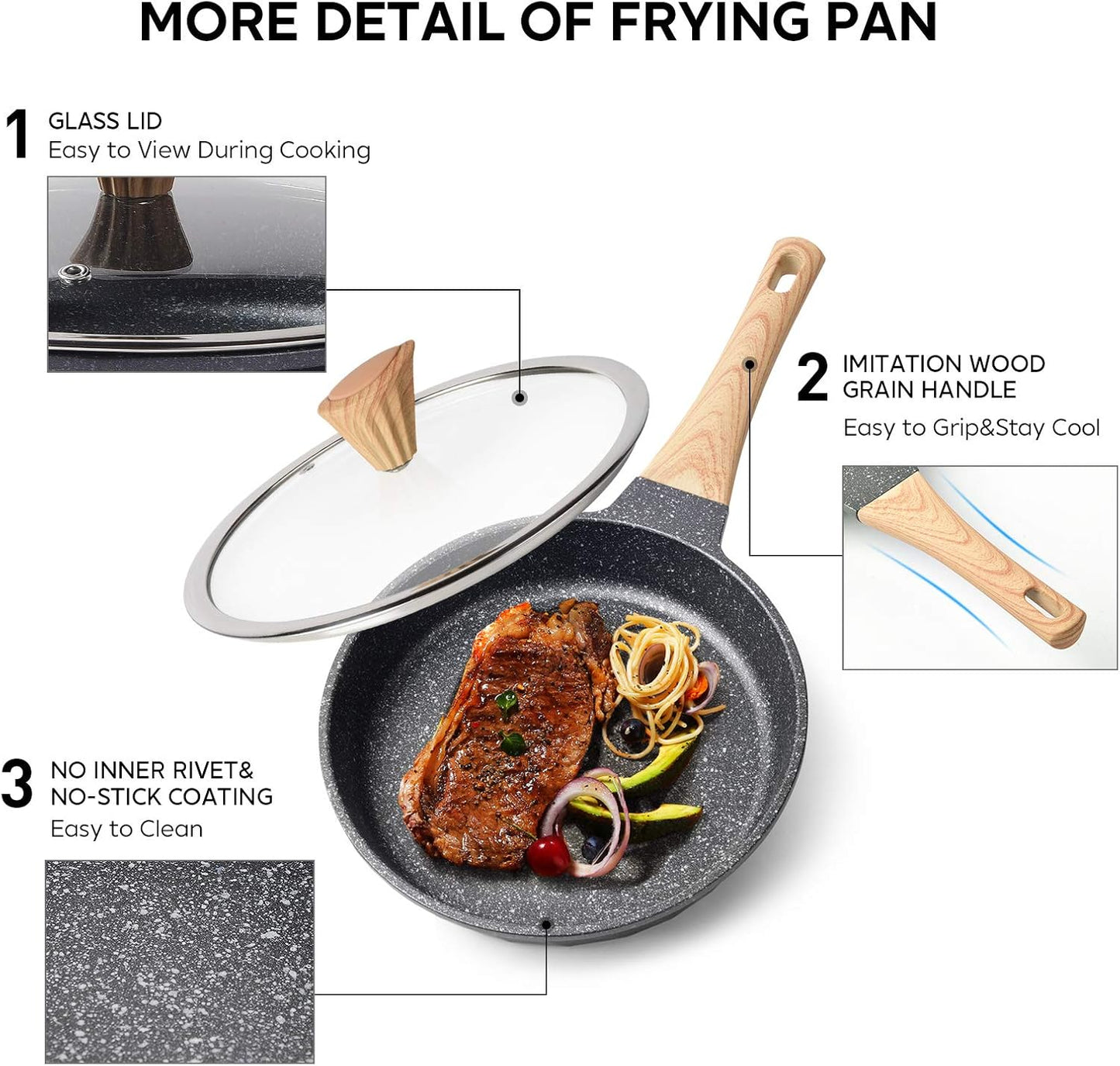 Nonstick Frying Pan Set, Stone Skillet Set, Omelette Pan Cookware Set, Induction Frying Pan with 3 Lid(8inch&9.5inch&11inch)