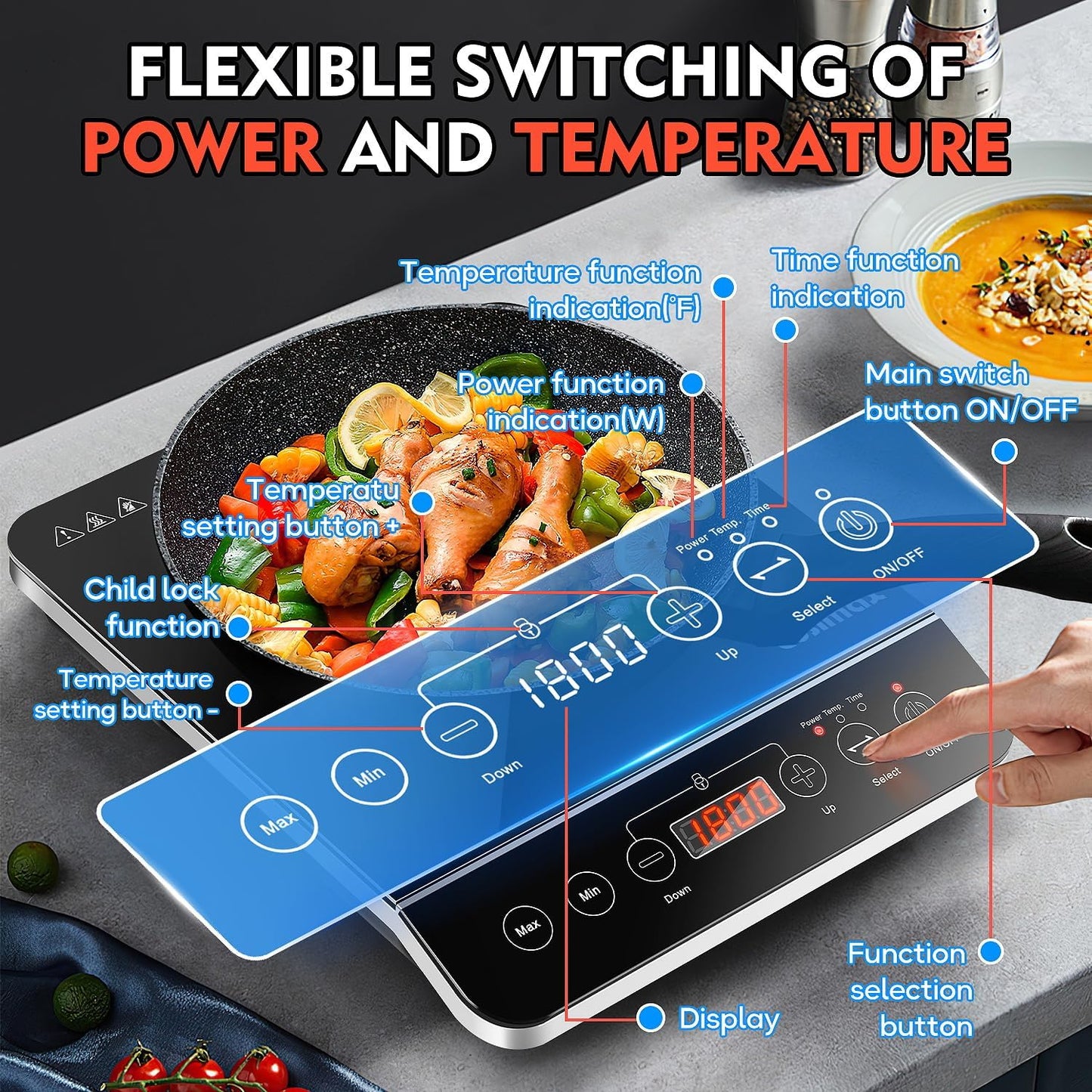 CUSIMAX Induction Cooktop,1800W Portable Induction Burner with Sensor Touch,Kids Safety Lock,10 Temperature and 9 Power Setting induction hot plate with Timer