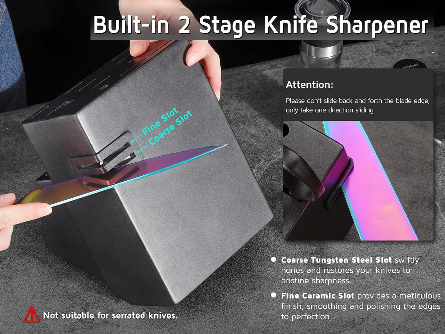 18-Slot Kitchen Knives Block, WELLSTAR Large Capacity Natural Wooden Knife Holder without Knives – Modern Hard Wood Counter-top Knife Storage with Built-in 2-Stage Knife Sharpener - Black