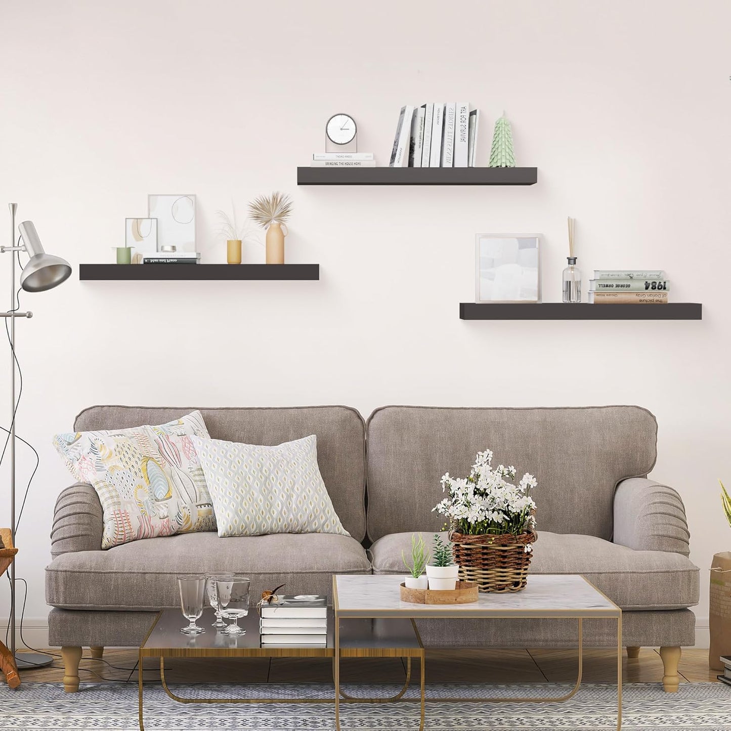 Colima Floating Shelves for Wall Black Wood Wall Shelf for Bedroom, 24 Inch Wall Mounted Floating Shelves for Bathroom Living Room Kitchen Office, 1.3" Thick Floating Book Shelves for Wall, Set of 3