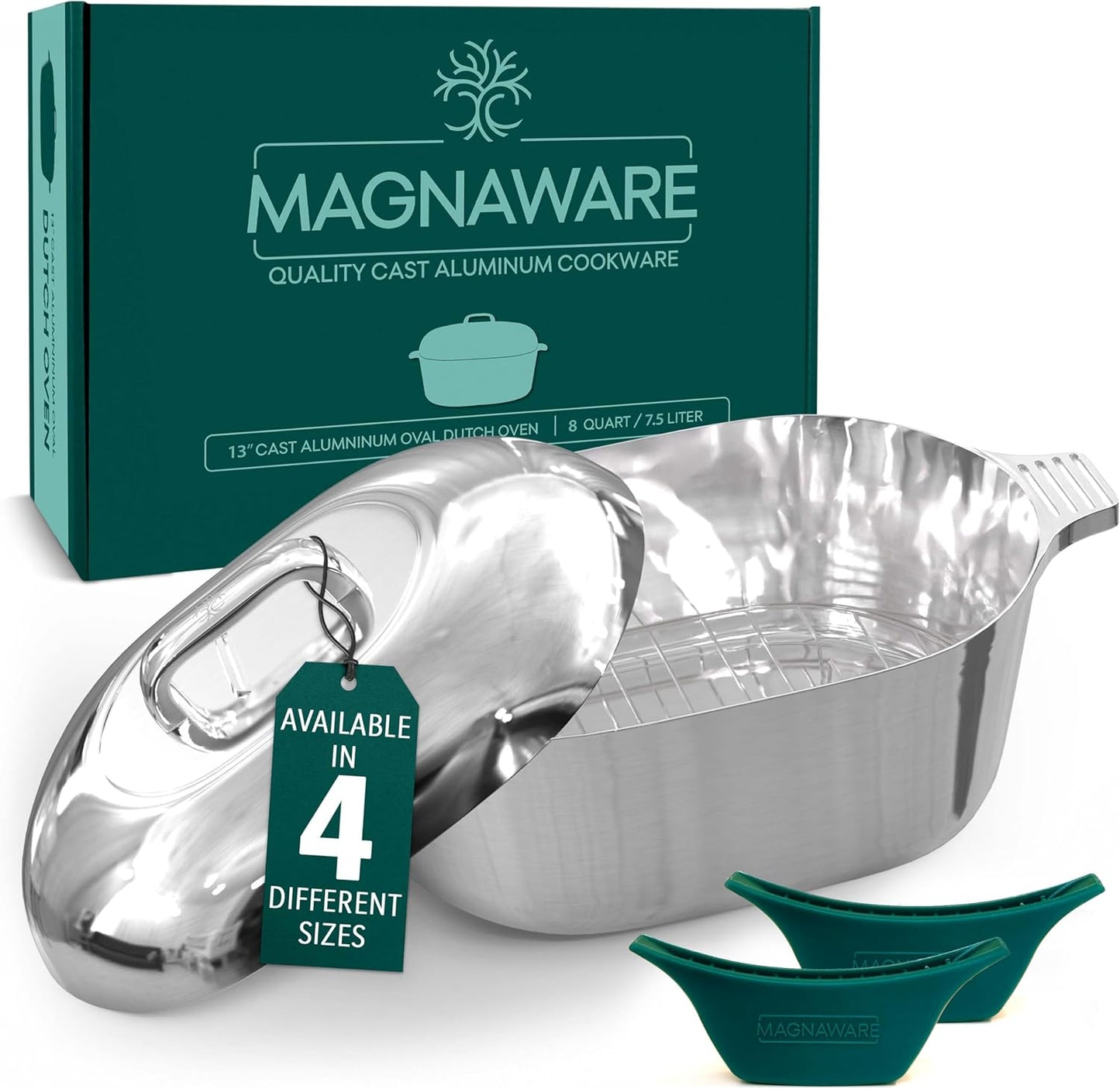 Cast Aluminum Oval Dutch Oven with Lid — 8 QT Heavy Duty Roaster Pan with Rack & Silicone Cover Dual Handles — Cajun Cookware for Roasting, Baking, Cooking (13" Medium)