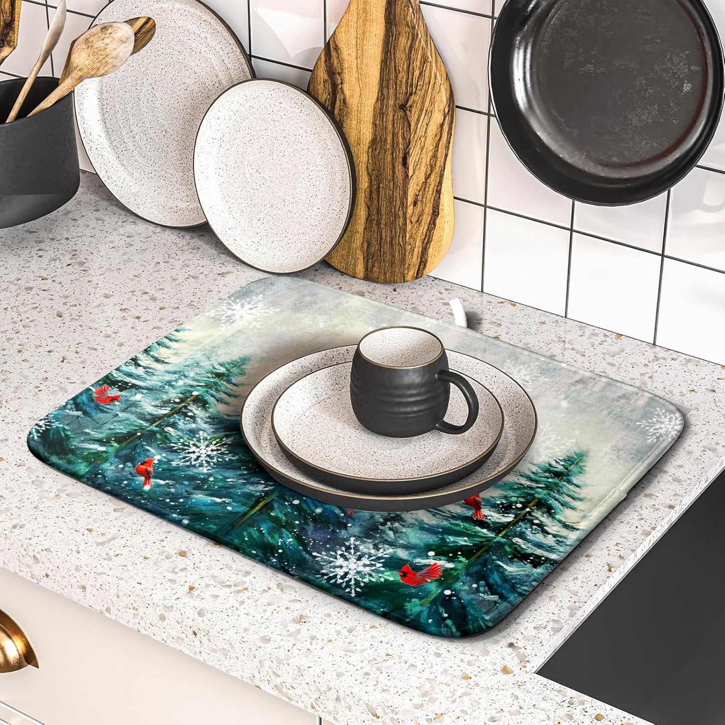 Pine Tree Dish Drying Mat for Kitchen Countertop Red Bird Dishes Mats Winter Decorative Absorbent Reversible Drainer Rack Pad 16x18 Inch